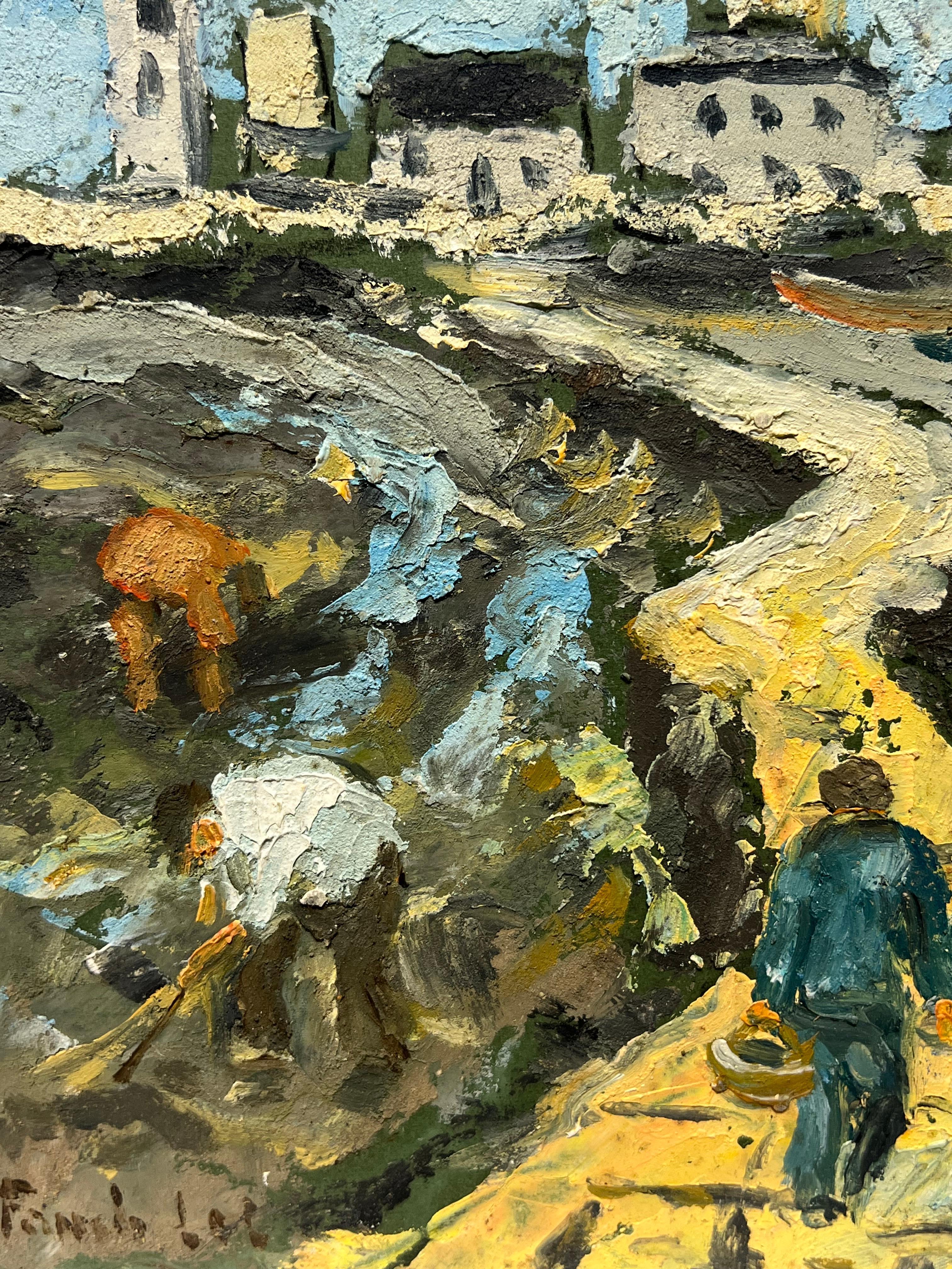 Pueblo costero
firmado por Fanch Lel (francés, 1930)
tamaño: 9 x 9 pulgadas
óleo sobre tabla fina, sin enmarcar
estado: el cuadro está en muy buen estado. Antes estaba guardado en el estudio del artista. 

Procedencia: todos los cuadros que tenemos
