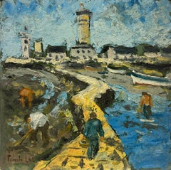 Charmante scène de villageois et de phare avec pêcheurs et personnages
