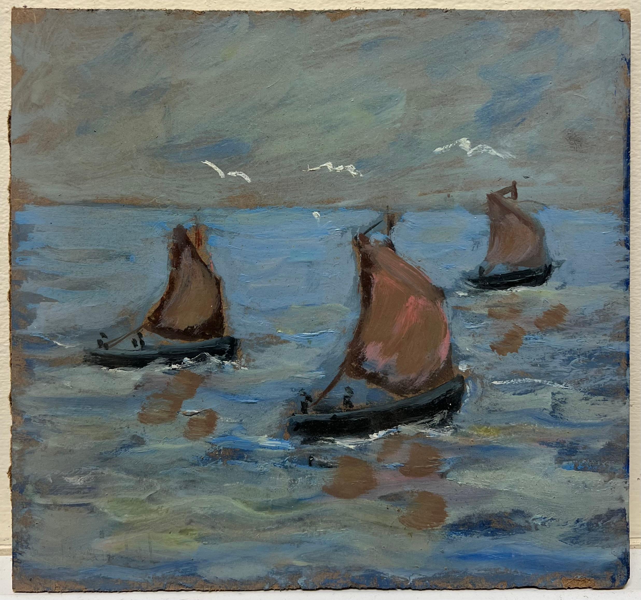 Paesaggio marino con barche a vela rosse e gabbiani Pittura a olio francese - Painting di Fanch Lel
