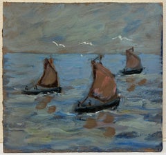 Choppy Seascape with Red Sailboats and Seagulls French Oil Painting