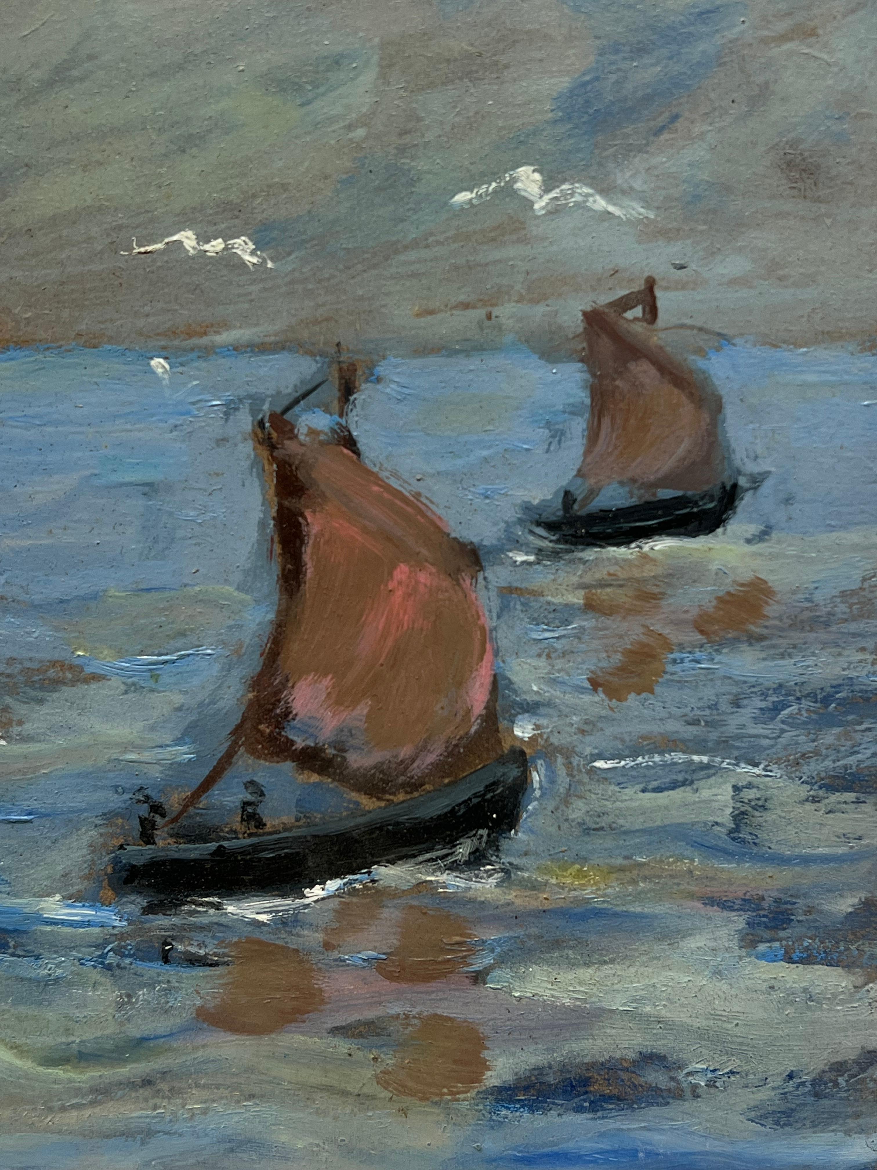 Paesaggio marino con barche a vela rosse e gabbiani Pittura a olio francese - Painting Impressionismo di Fanch Lel