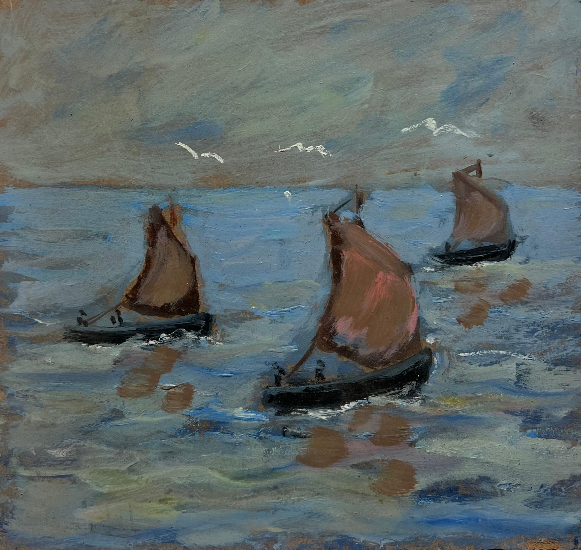 Landscape Painting di Fanch Lel - Paesaggio marino con barche a vela rosse e gabbiani Pittura a olio francese