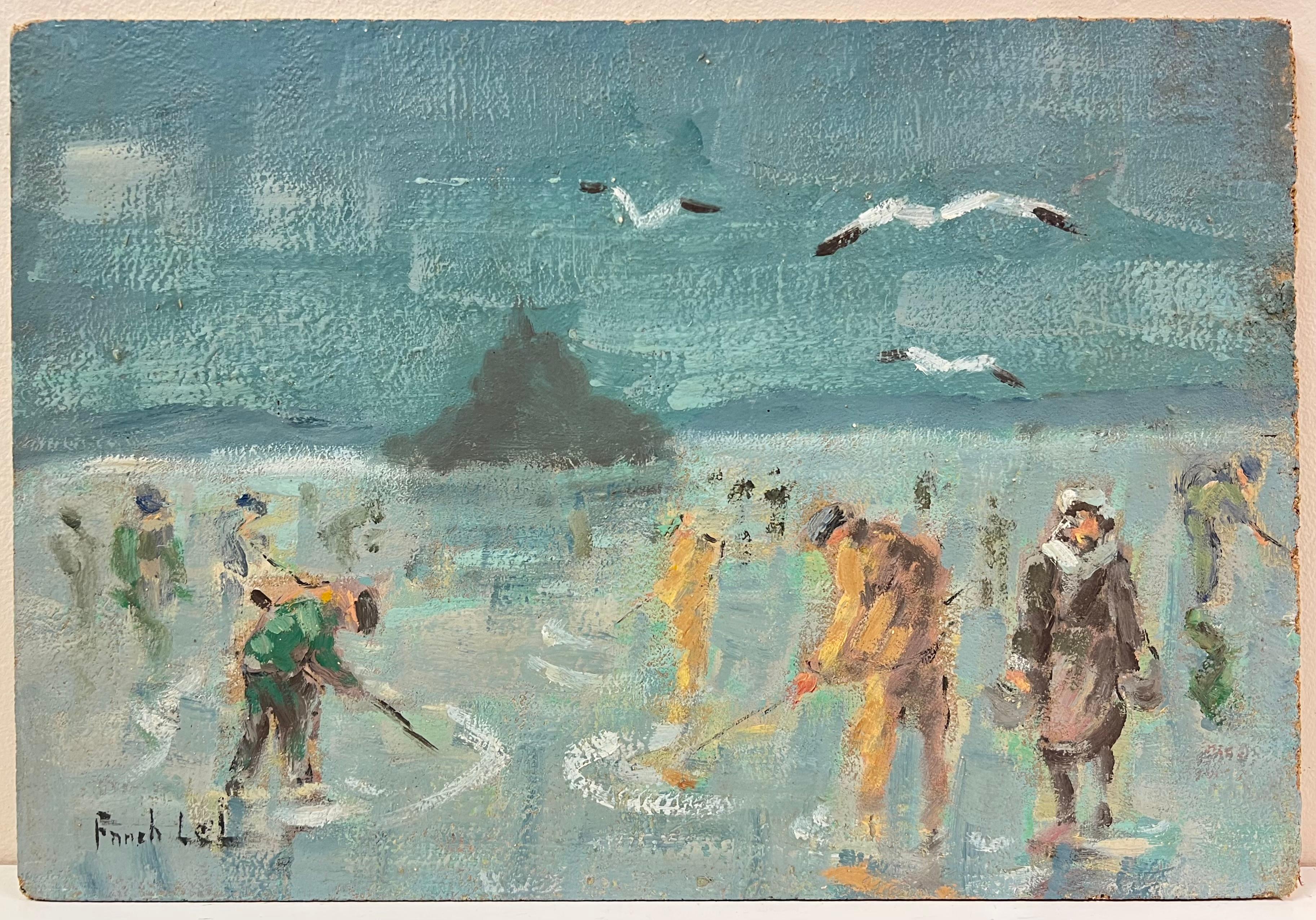 Scavare le vongole con la bassa marea nella baia di Trébeurden, sulla costa di Mont Saint-Michel - Painting di Fanch Lel