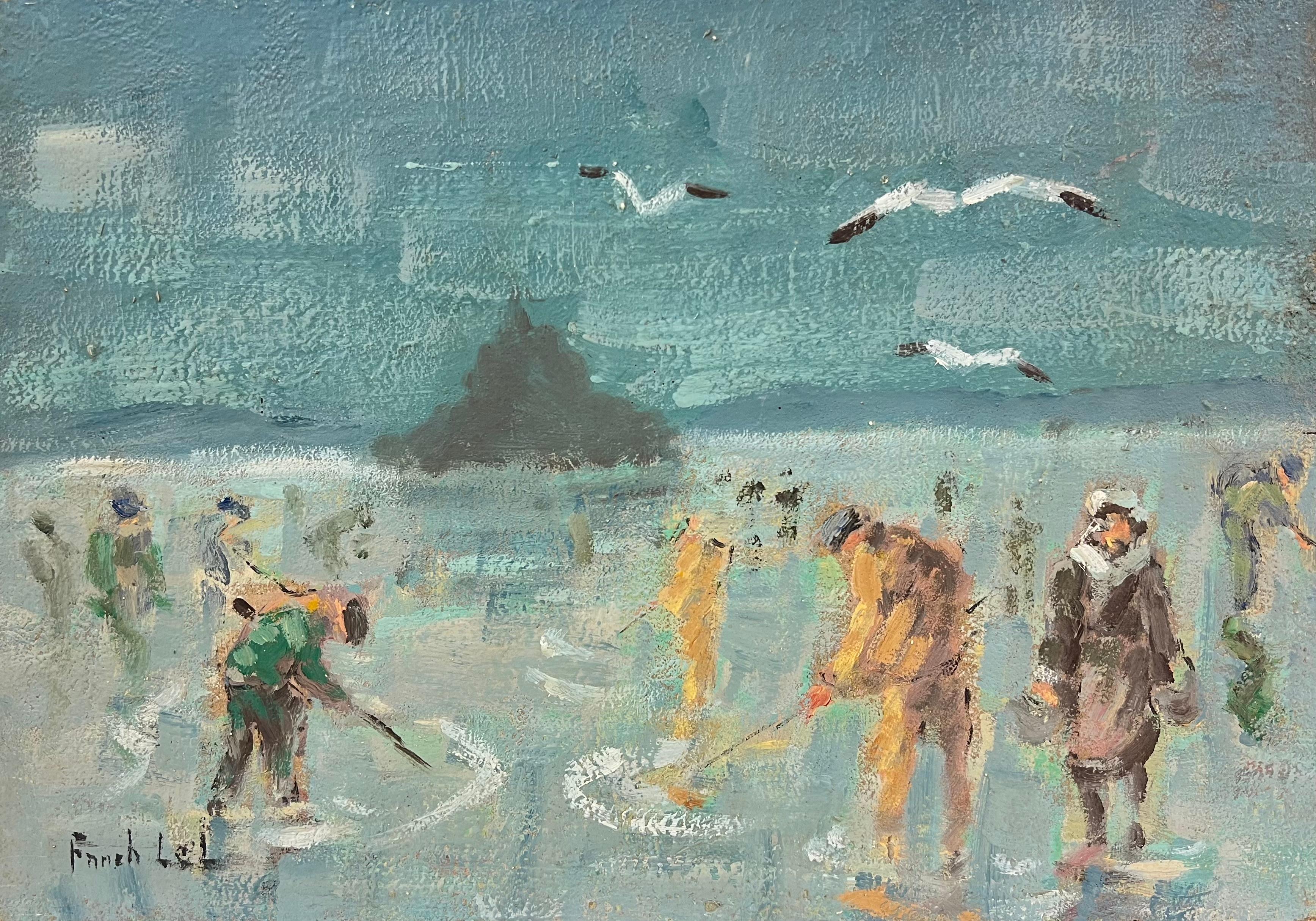 Scavare le vongole con la bassa marea nella baia di Trébeurden, sulla costa di Mont Saint-Michel - Painting Impressionismo di Fanch Lel