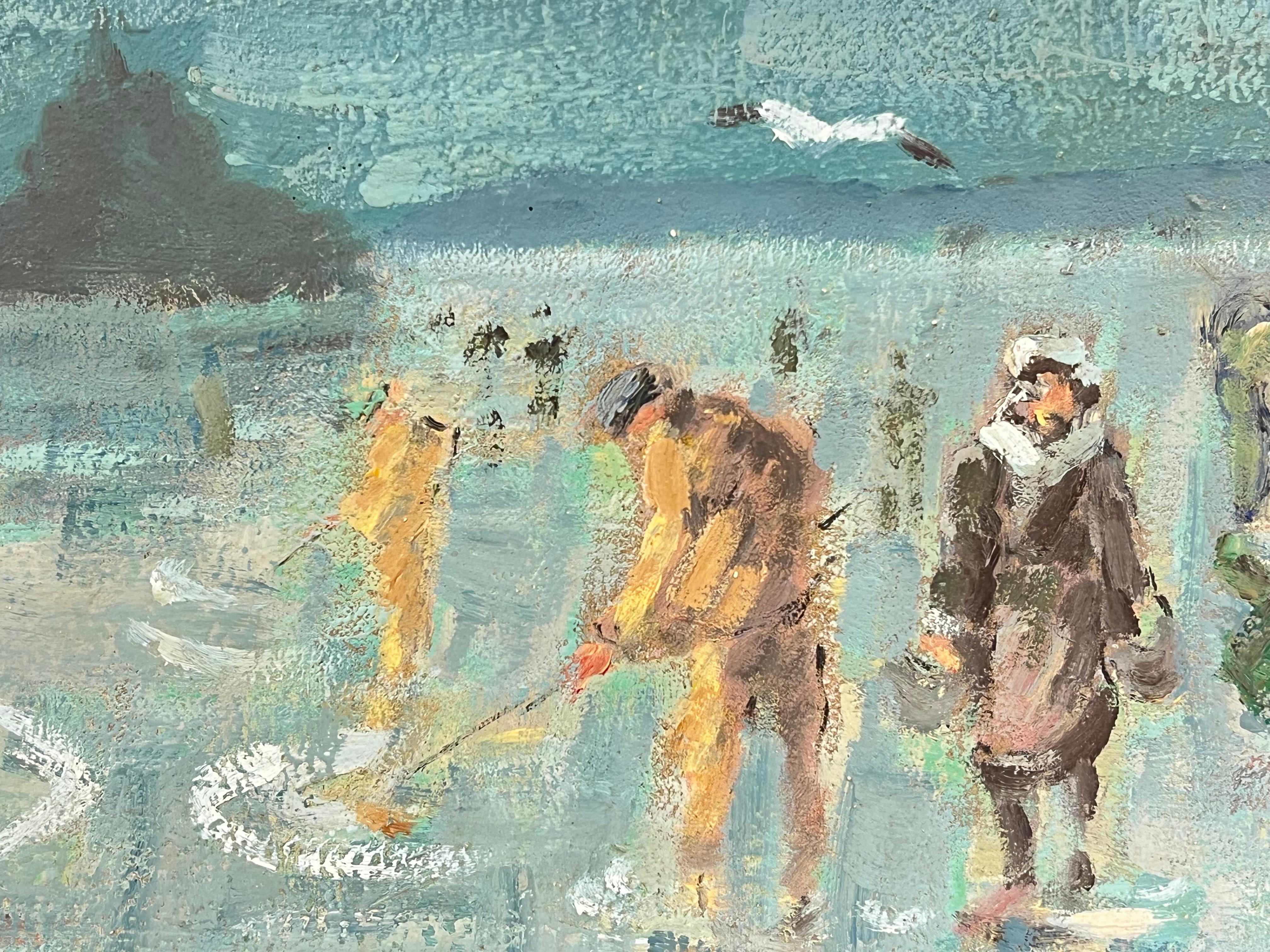 Scavare le vongole con la bassa marea nella baia di Trébeurden, sulla costa di Mont Saint-Michel - Figurative Painting Grigio di Fanch Lel
