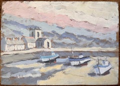 Coastal Church and Fishing Boats in Morning Light with Pink Sky