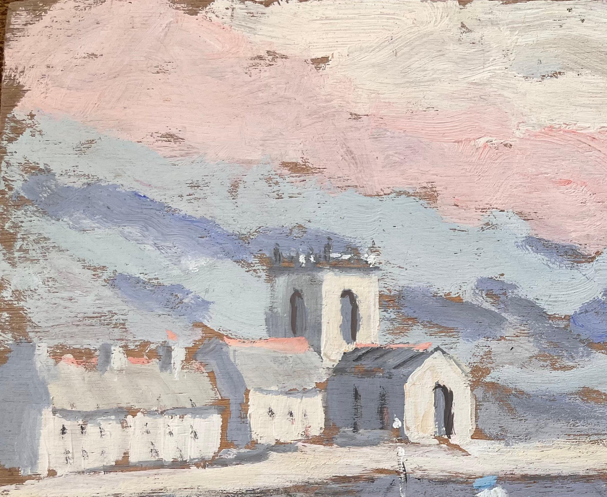Iglesia costera y barcos de pesca a la luz de la mañana con cielo rosa - Painting Impresionista de Fanch Lel