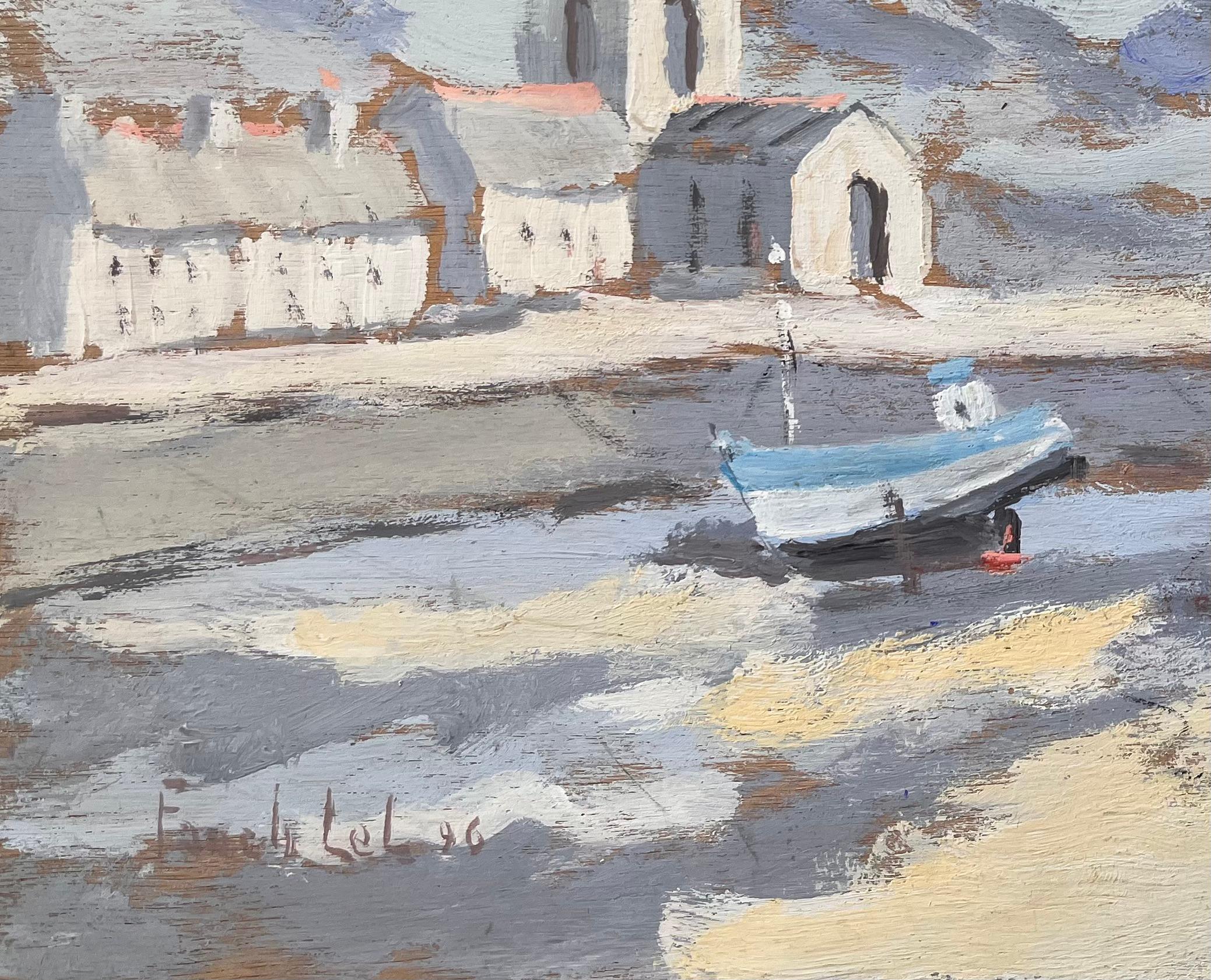 Iglesia costera y barcos de pesca a la luz de la mañana con cielo rosa - Abstract Painting Gris de Fanch Lel