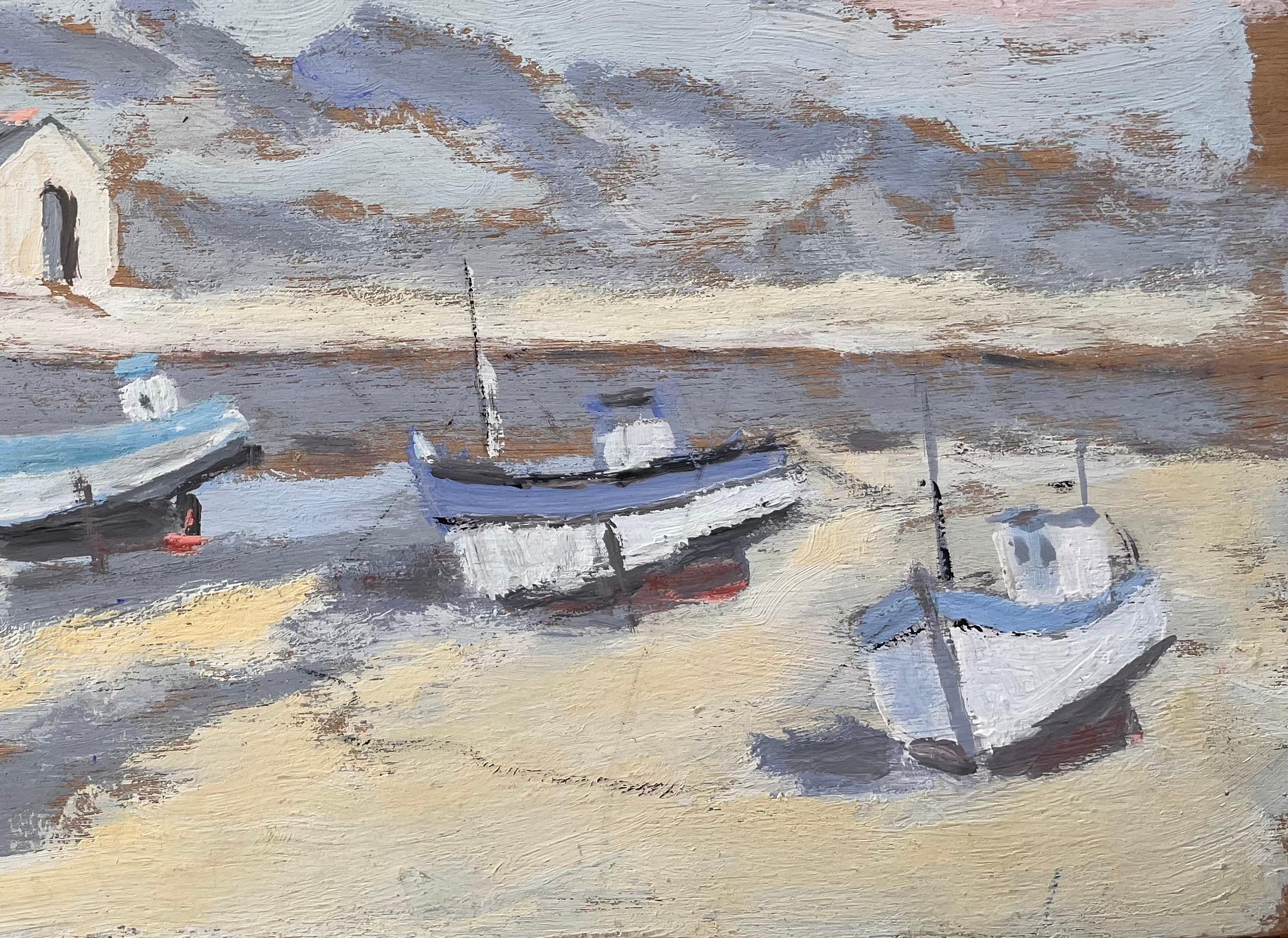 Título: Iglesia costera y barcos de pesca a la luz de la mañana con cielo rosa
Por Fanch Lel
Firmado: Sí
Tamaño: 10,5 x 14,75 pulgadas (alto x ancho)
Óleo sobre tabla, sin enmarcar
Estado: El cuadro está en buen estado, con pequeños signos de