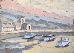 Coastal Church and Fishing Boats in Morning Light with Pink Sky