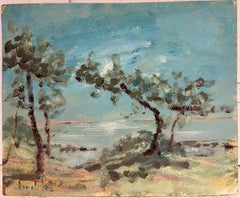Coastal Landscape with Wind Swept Trees & Sea Horizon French Post Impressionist