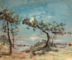 Coastal Landscape with Wind Swept Trees & Sea Horizon French Post Impressionist