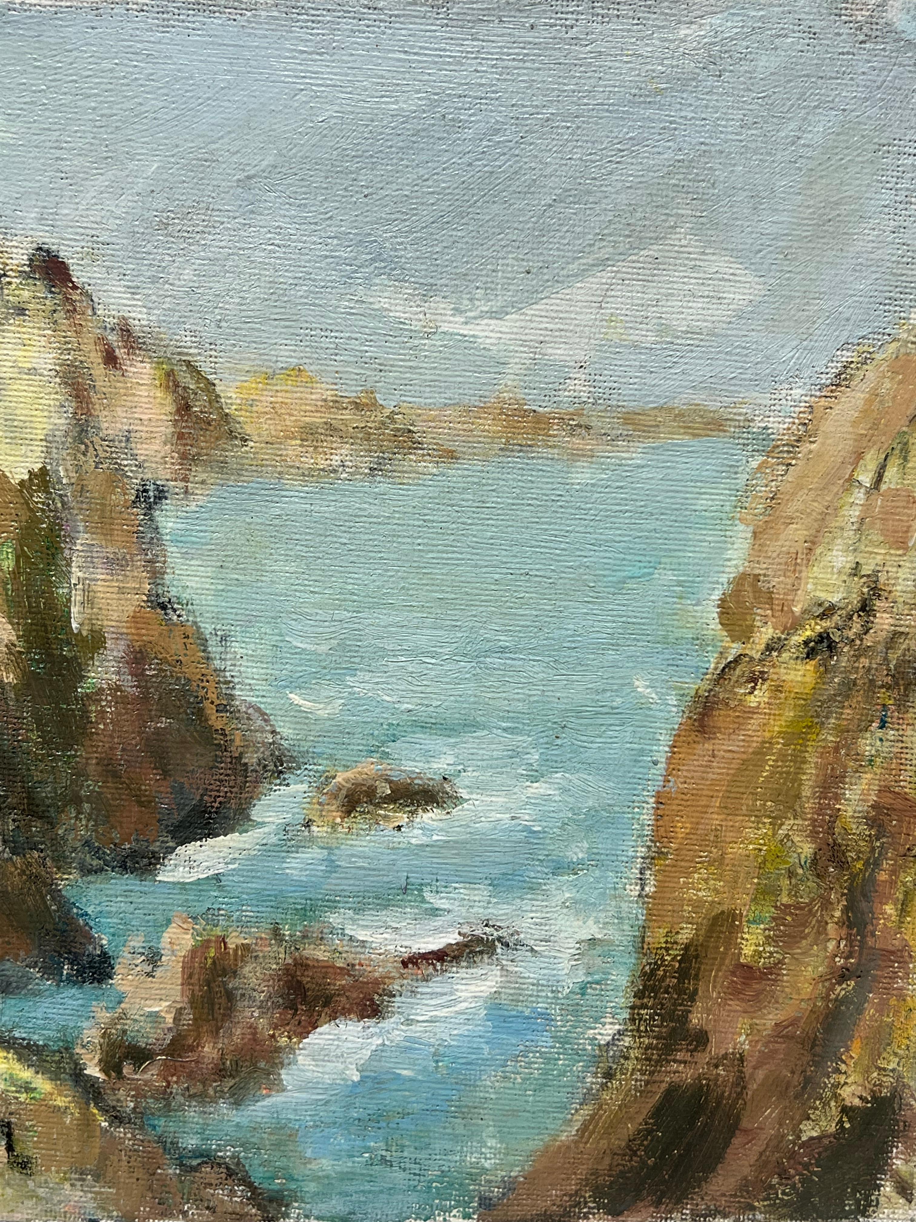 Scena costiera con scogliere rocciose e acque blu La Pointe du Van Bretagna - Painting Impressionismo di Fanch Lel