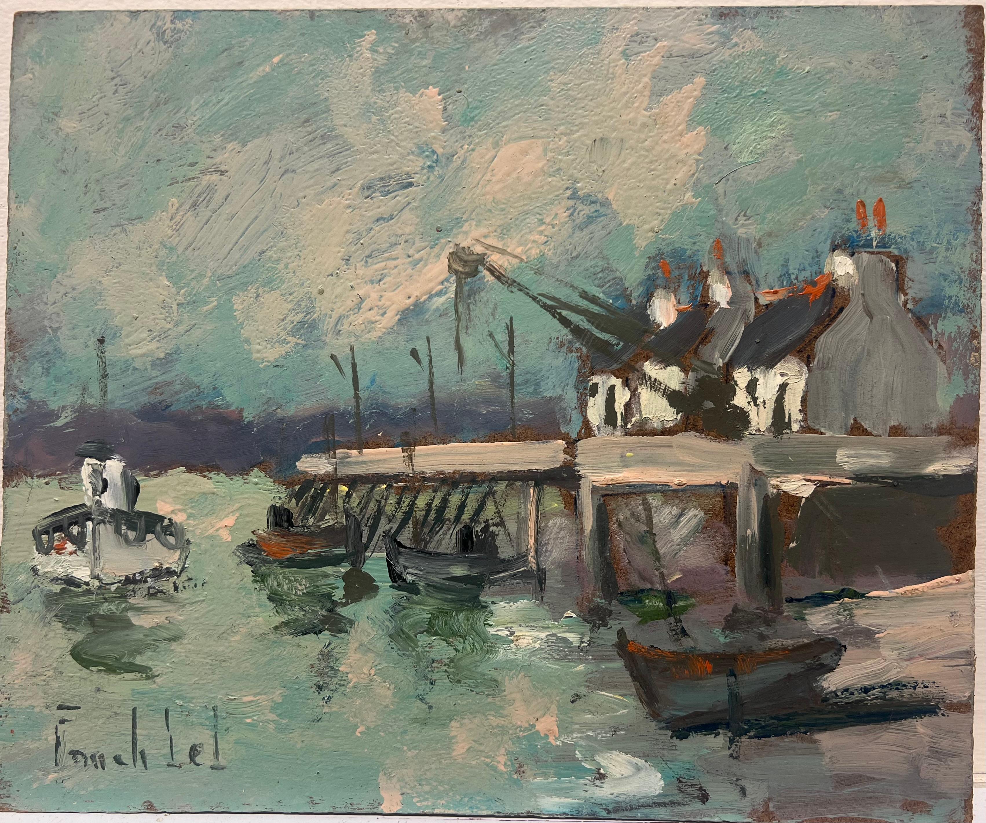 Pueblo costero con barcos atracados y casas frente al mar Pintura al óleo francesa - Painting de Fanch Lel