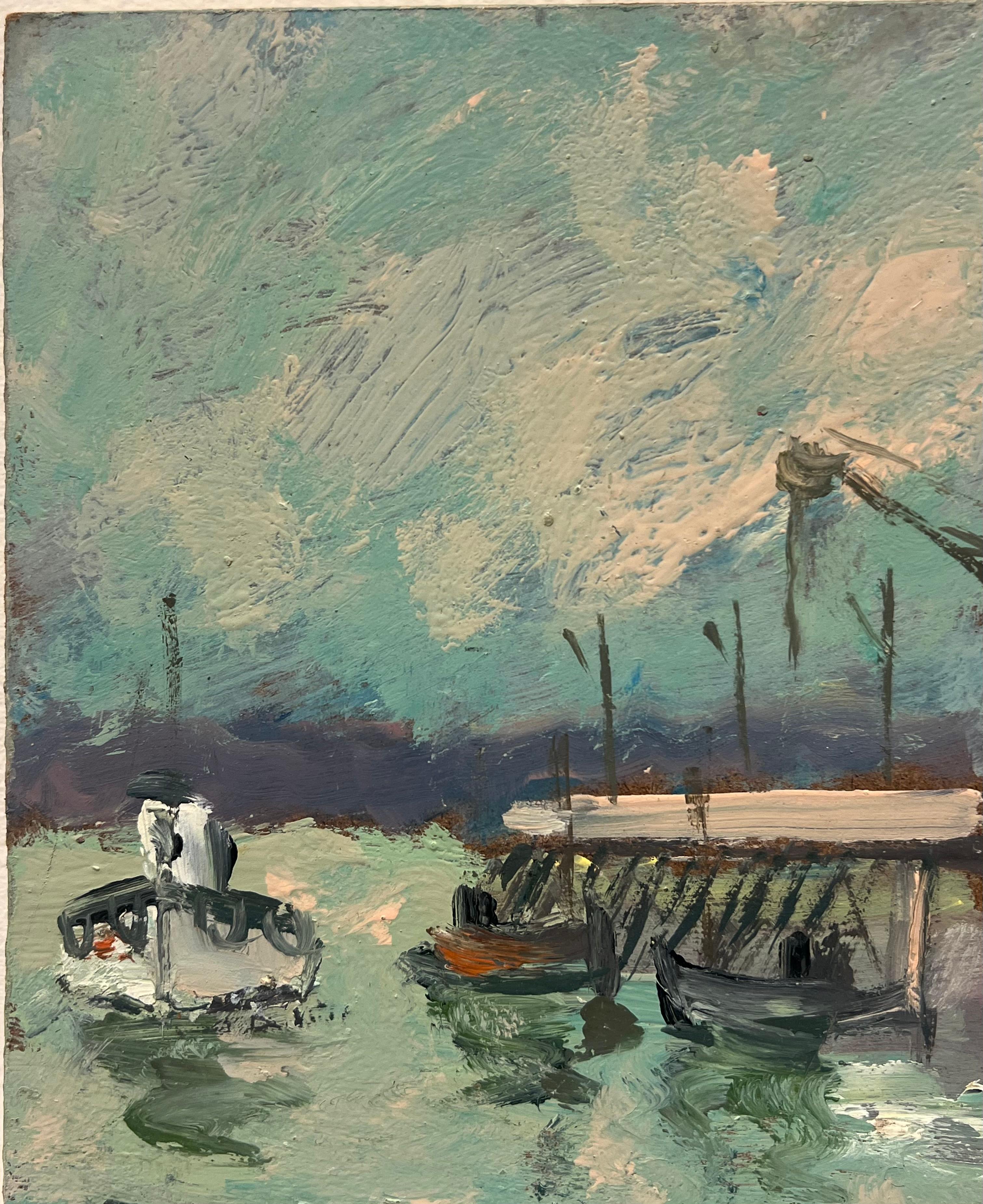 Pueblo costero con barcos atracados y casas frente al mar Pintura al óleo francesa - Landscape Painting Gris de Fanch Lel