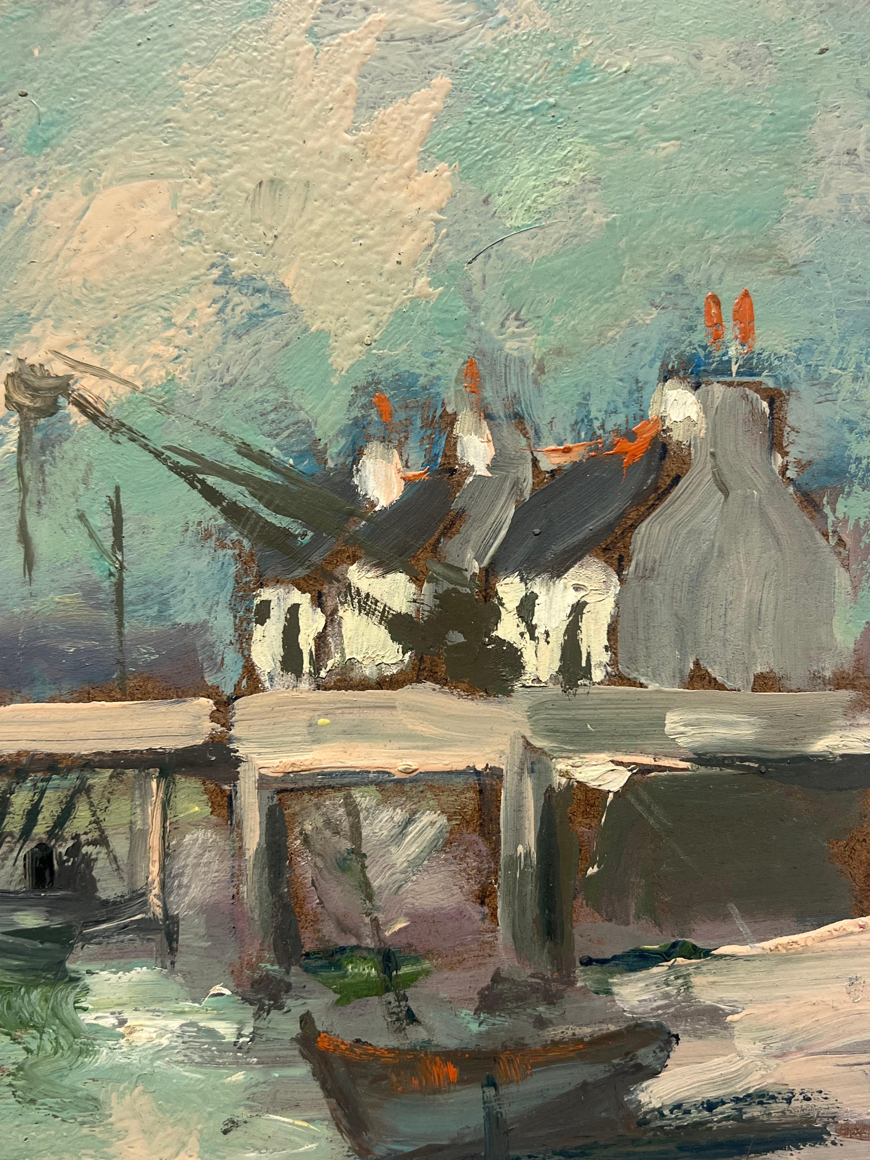 Pueblo costero con barcos atracados y casas frente al mar Pintura al óleo francesa en venta 1