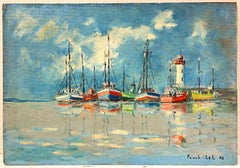 Réflections de paysage colorées représentant des bateaux de pêche et des phares sur des eaux calmes