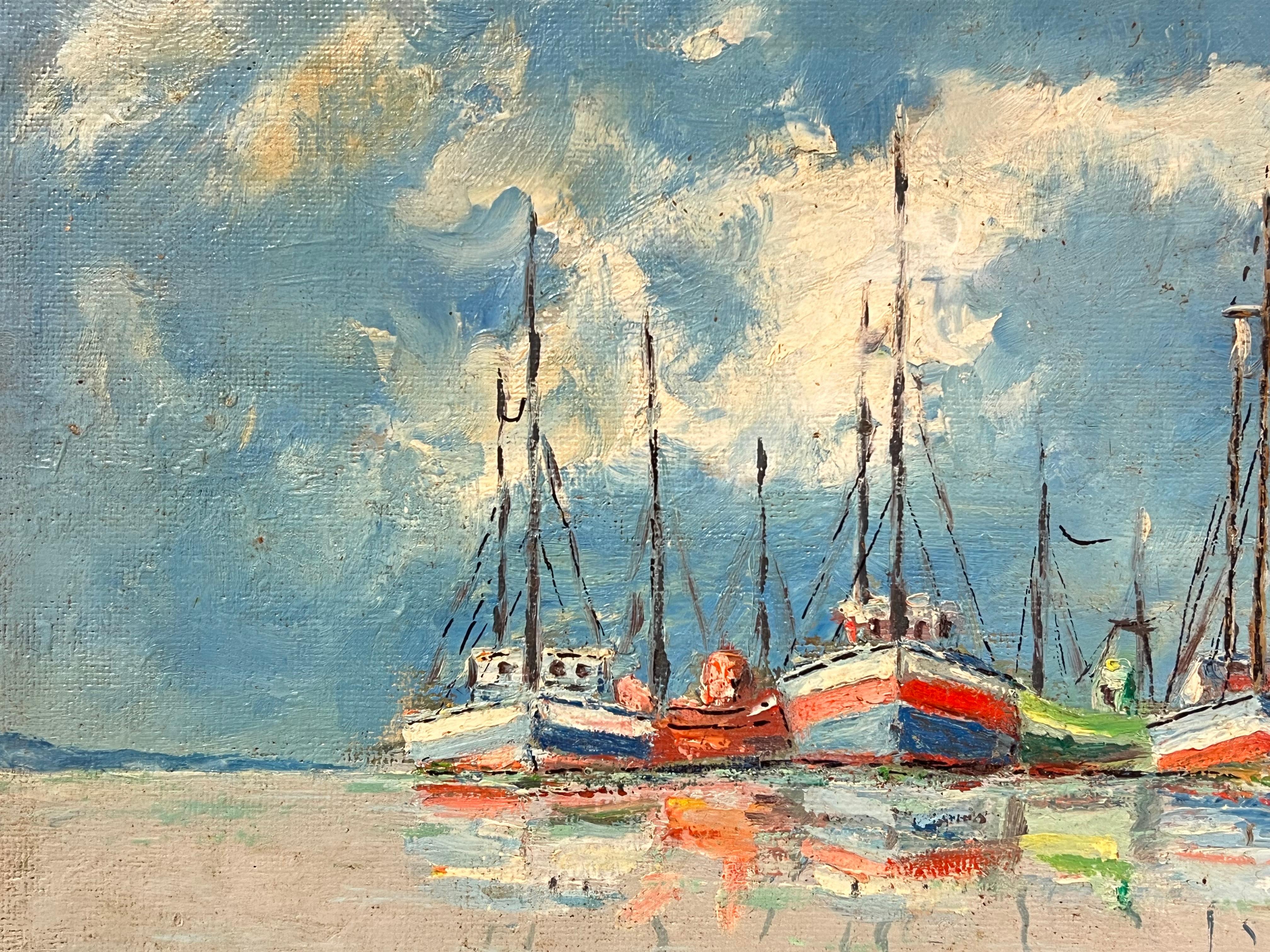 Bunte Fischerboote
unterzeichnet von Fanch Lel (Franzose, geb. 1930)
datiert 85'
Größe: 15 x 21,5 Zoll
Ölgemälde auf Karton, ungerahmt
Zustand: Das Gemälde ist in sehr gutem Zustand. Es wurde zuvor im Studio des Künstlers aufbewahrt. 
Provenienz: