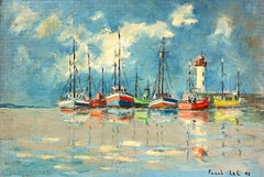 Colorful Fishing Boats and Lighthouse Landscape Reflections on Calm Waters