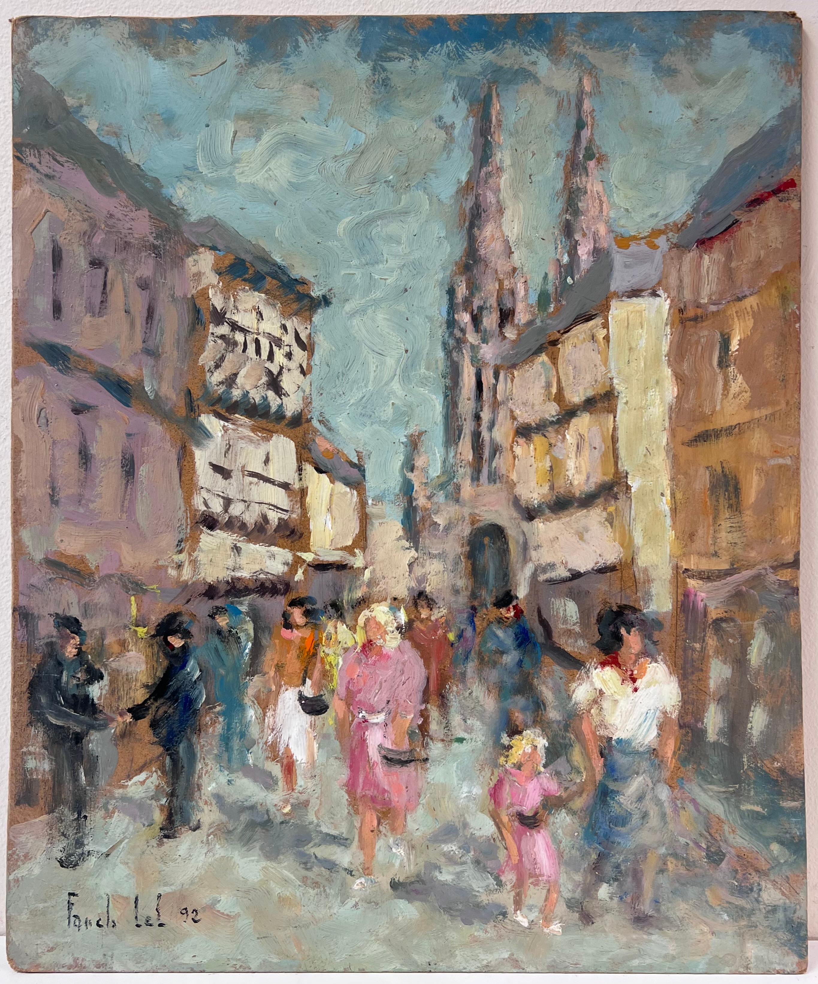 Figure colorate che camminano nelle vivaci strade storiche francesi - Painting di Fanch Lel