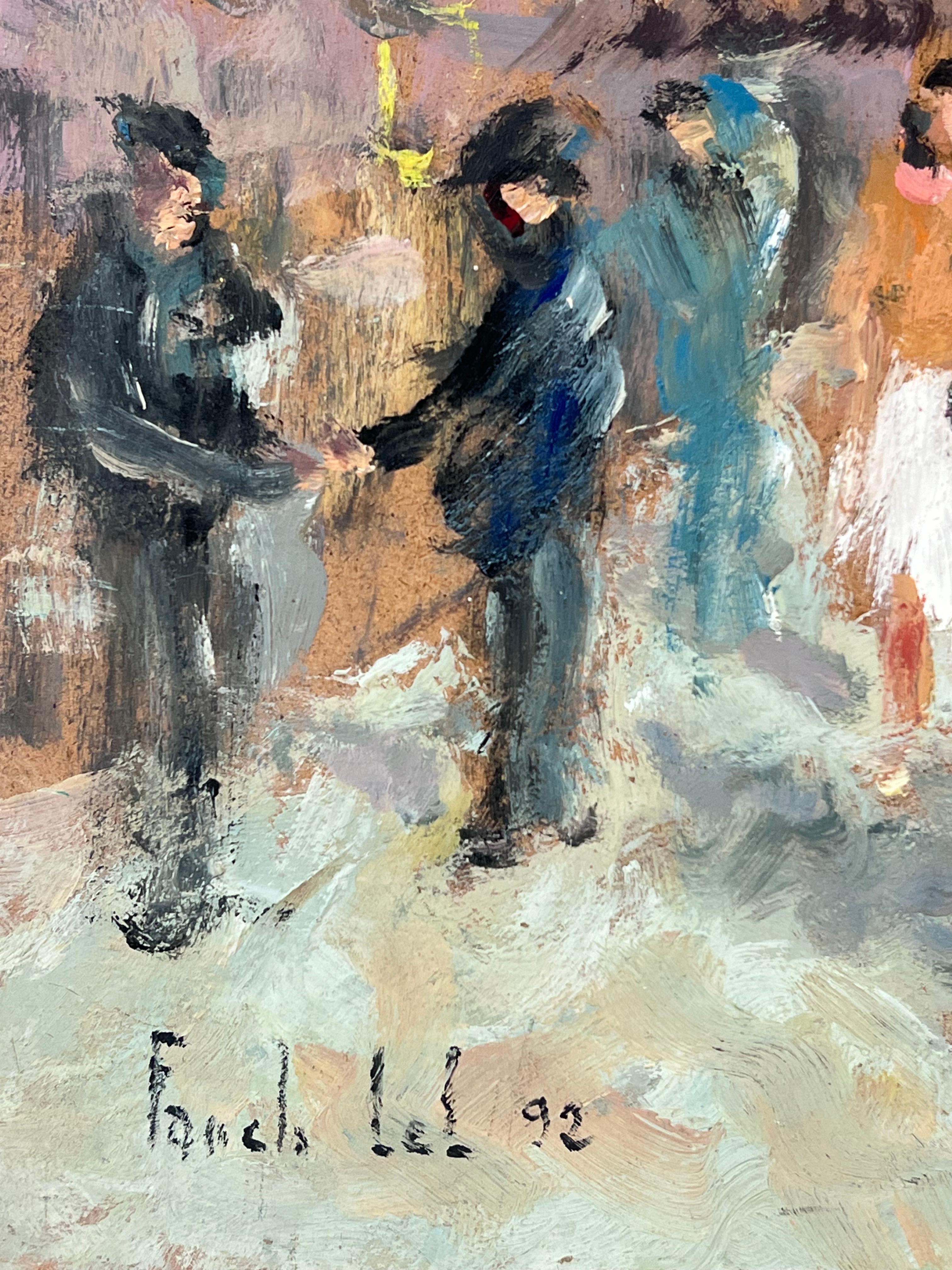 Figure colorate che camminano nelle vivaci strade storiche francesi - Painting Impressionismo di Fanch Lel
