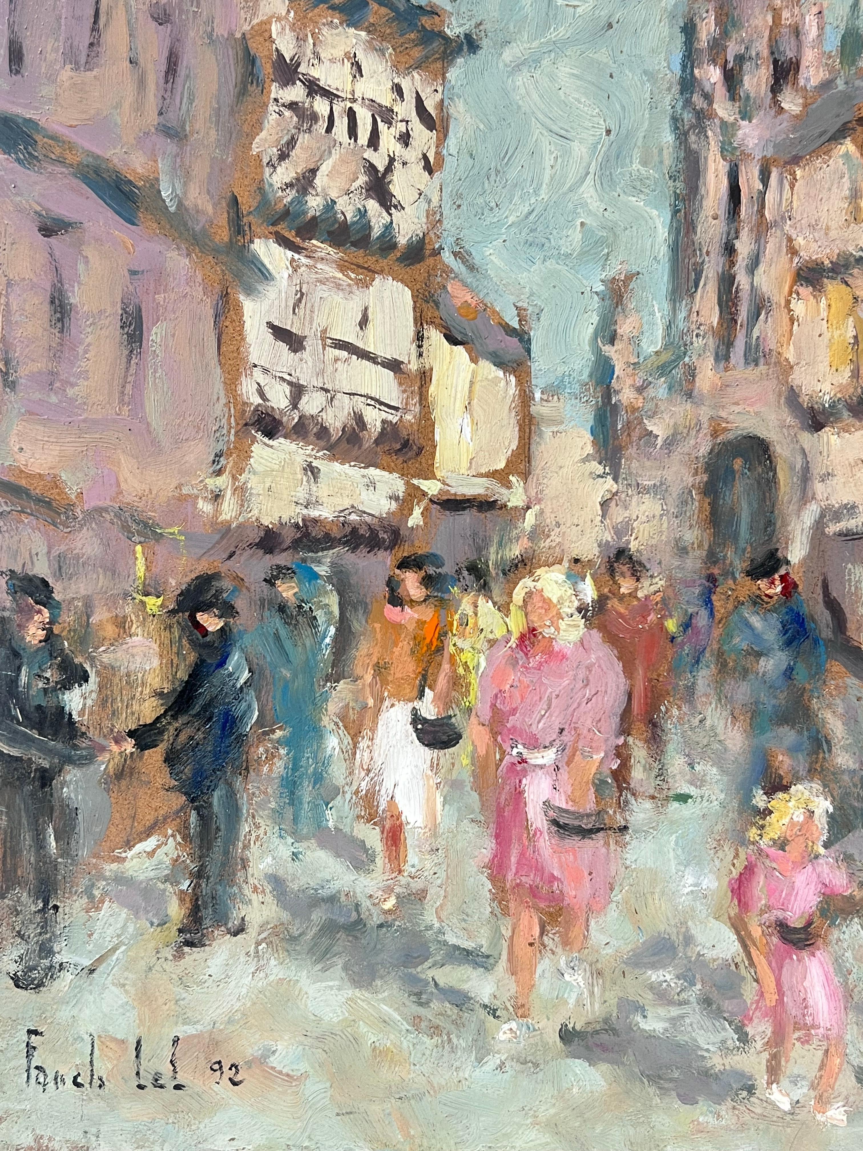 Figure colorate che camminano nelle vivaci strade storiche francesi - Landscape Painting Grigio di Fanch Lel