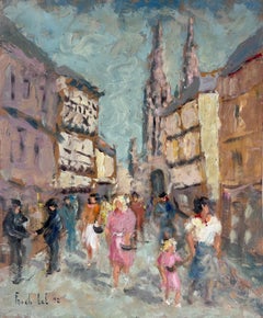 Figuras de colores caminando por bulliciosas calles históricas francesas