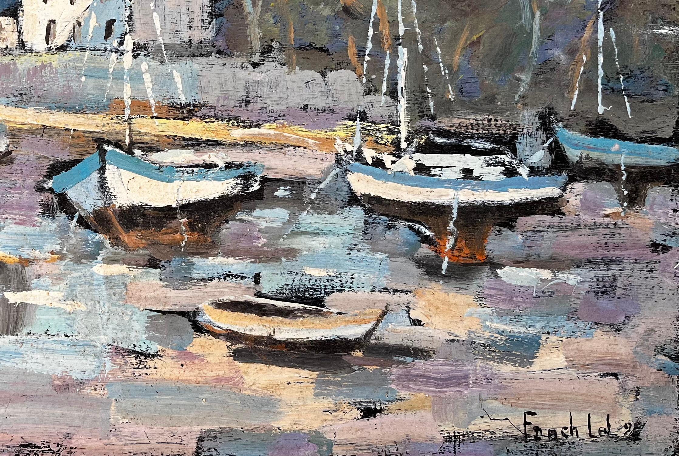 Colourful French Harbour Scene with Moored Boats and Forest by Fanch Lel 1996 For Sale 2