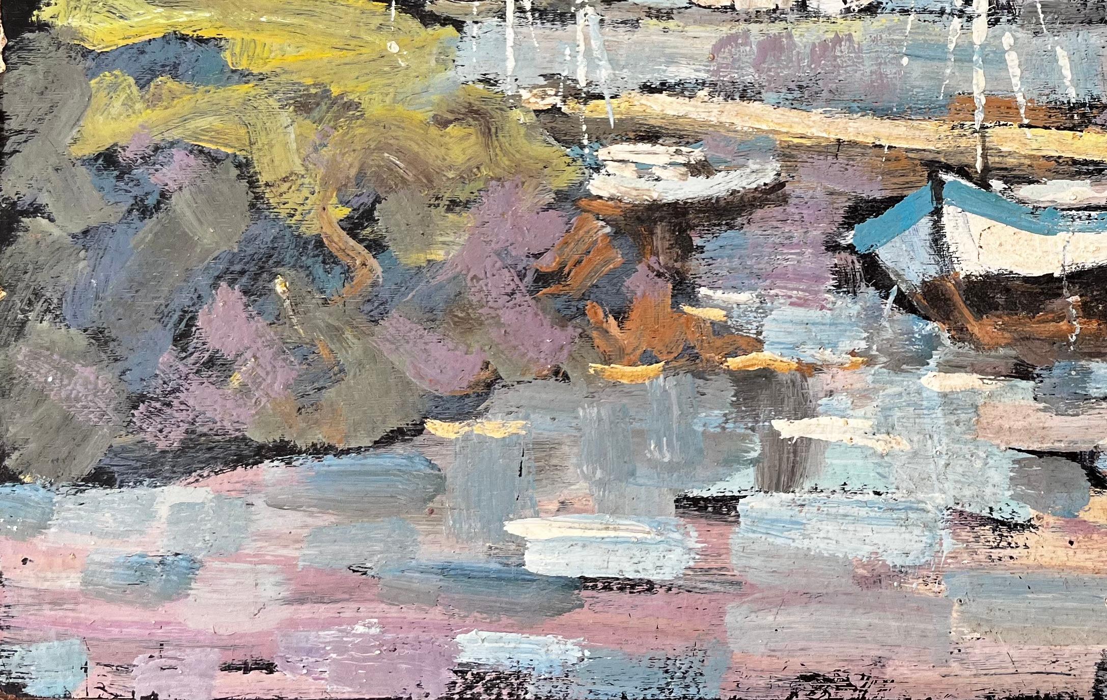 Colourful French Harbour Scene with Moored Boats and Forest by Fanch Lel 1996 For Sale 3