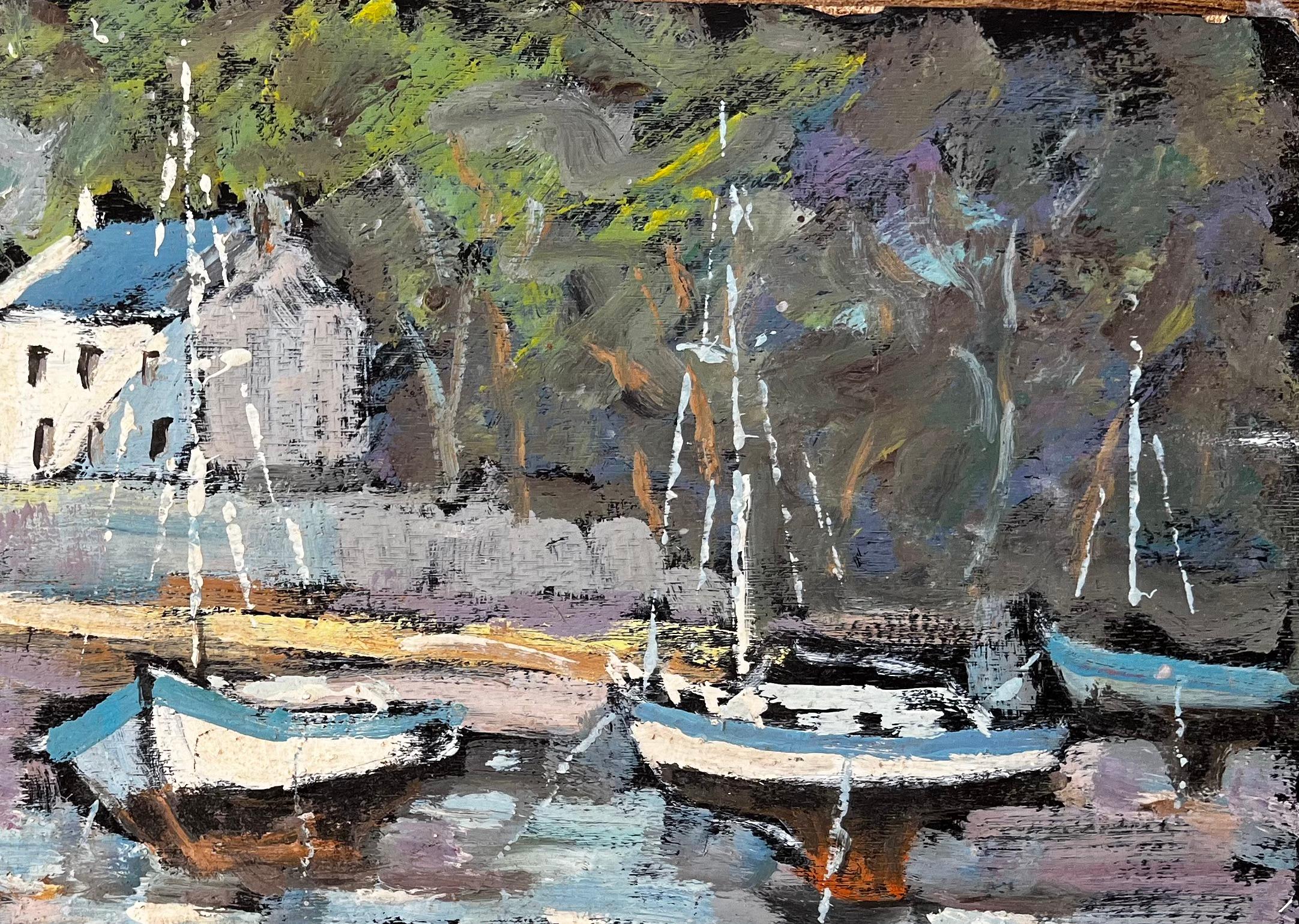 Colourful French Harbour Scene with Moored Boats and Forest by Fanch Lel 1996 For Sale 4