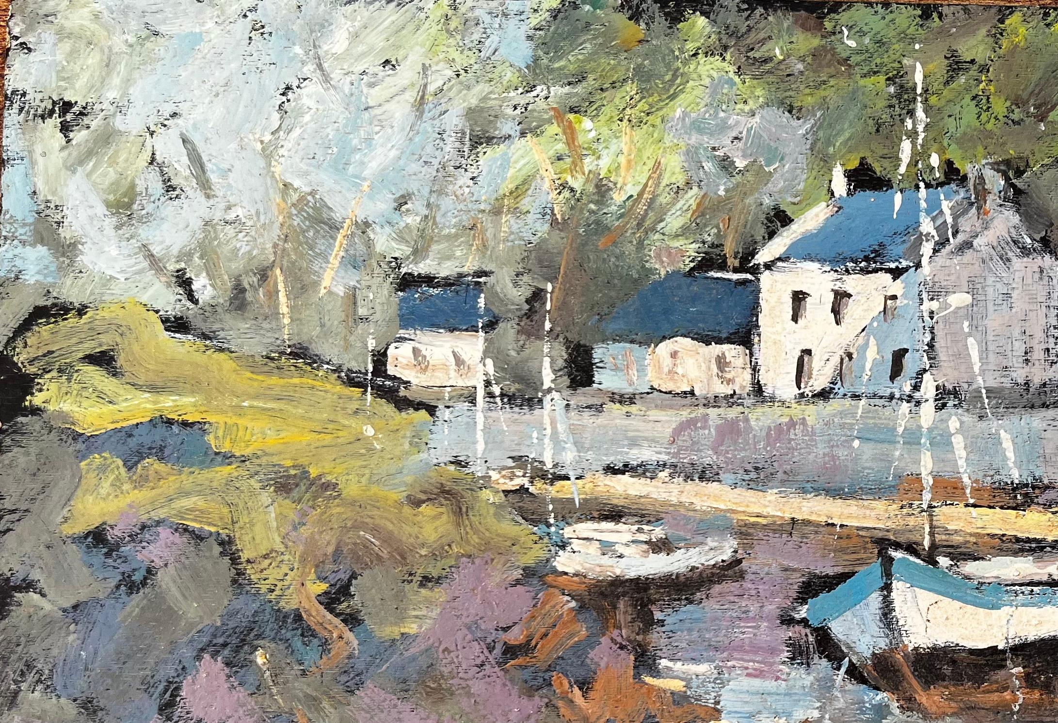 Colourful French Harbour Scene with Moored Boats and Forest by Fanch Lel 1996 For Sale 5