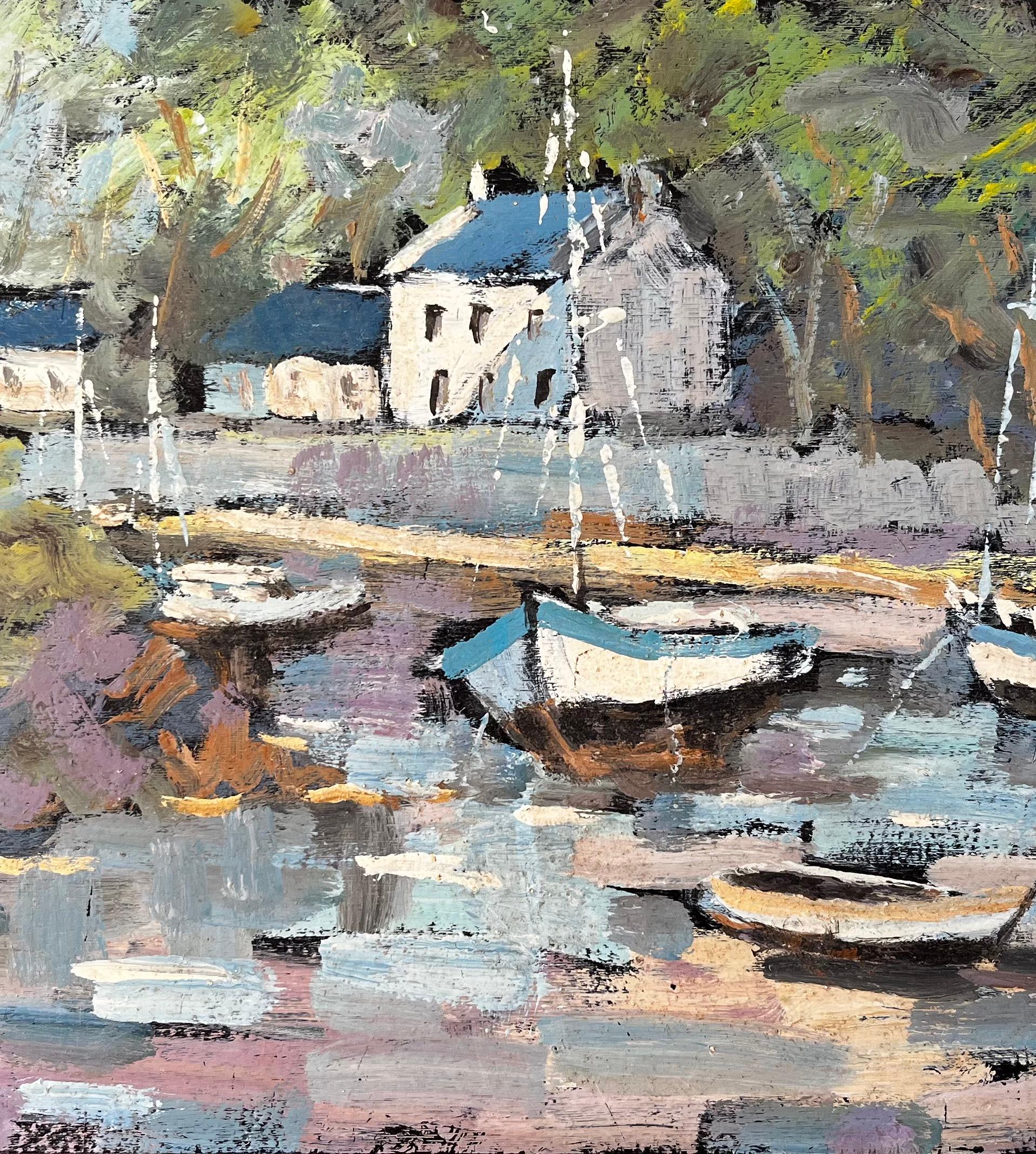 Colourful French Harbour Scene with Moored Boats and Forest by Fanch Lel 1996 For Sale 6