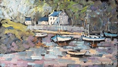 Colourful French Harbour Scene with Moored Boats and Forest by Fanch Lel 1996