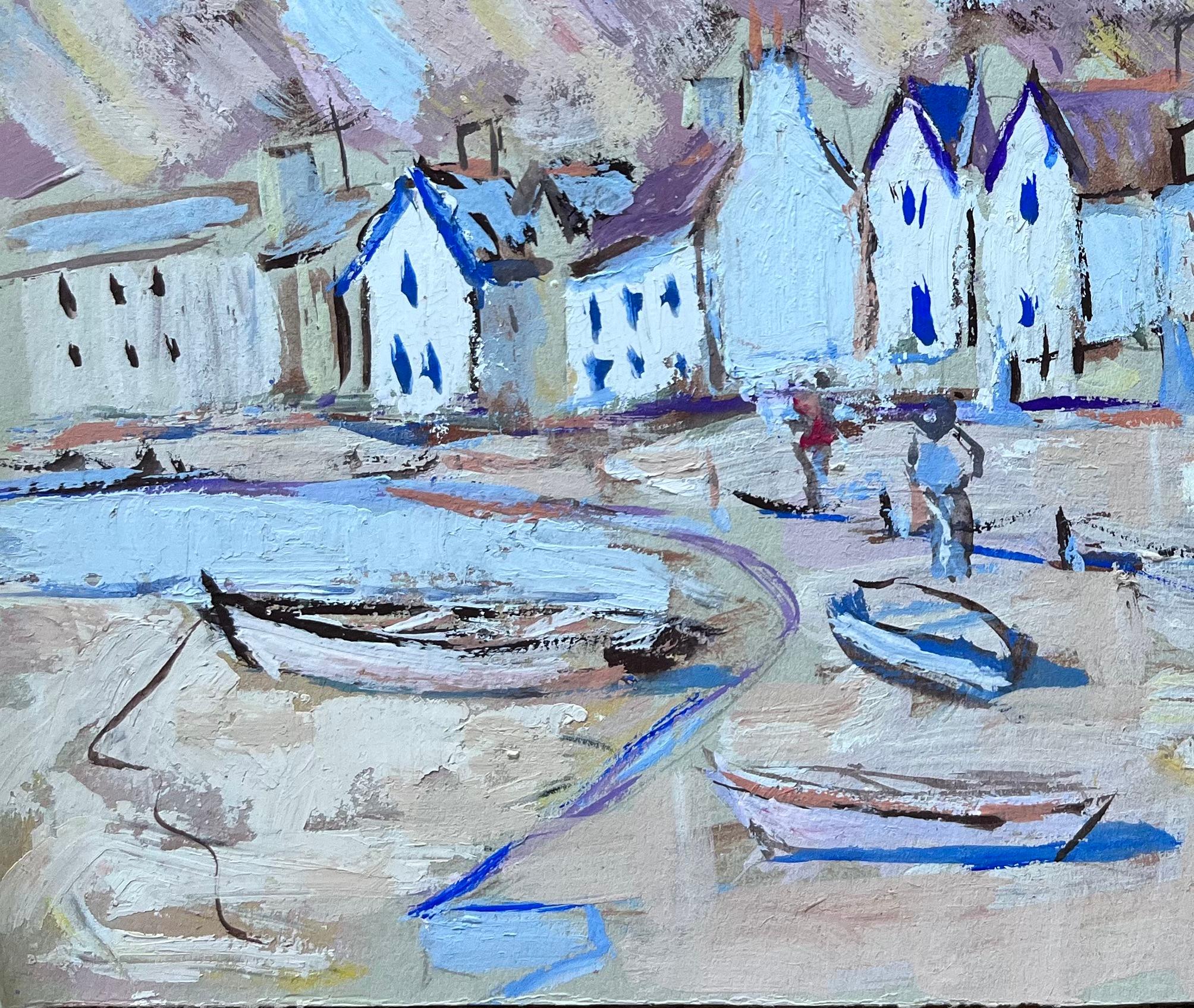 Titre : Port français coloré avec des personnages et des bateaux dans un style expressionniste
de Fanch Lel (français né en 1930)
Taille : 8,25 pouces (hauteur) x 11,75 pouces (largeur)
Peinture à l'huile sur carton, non encadrée
Condit : Le tableau