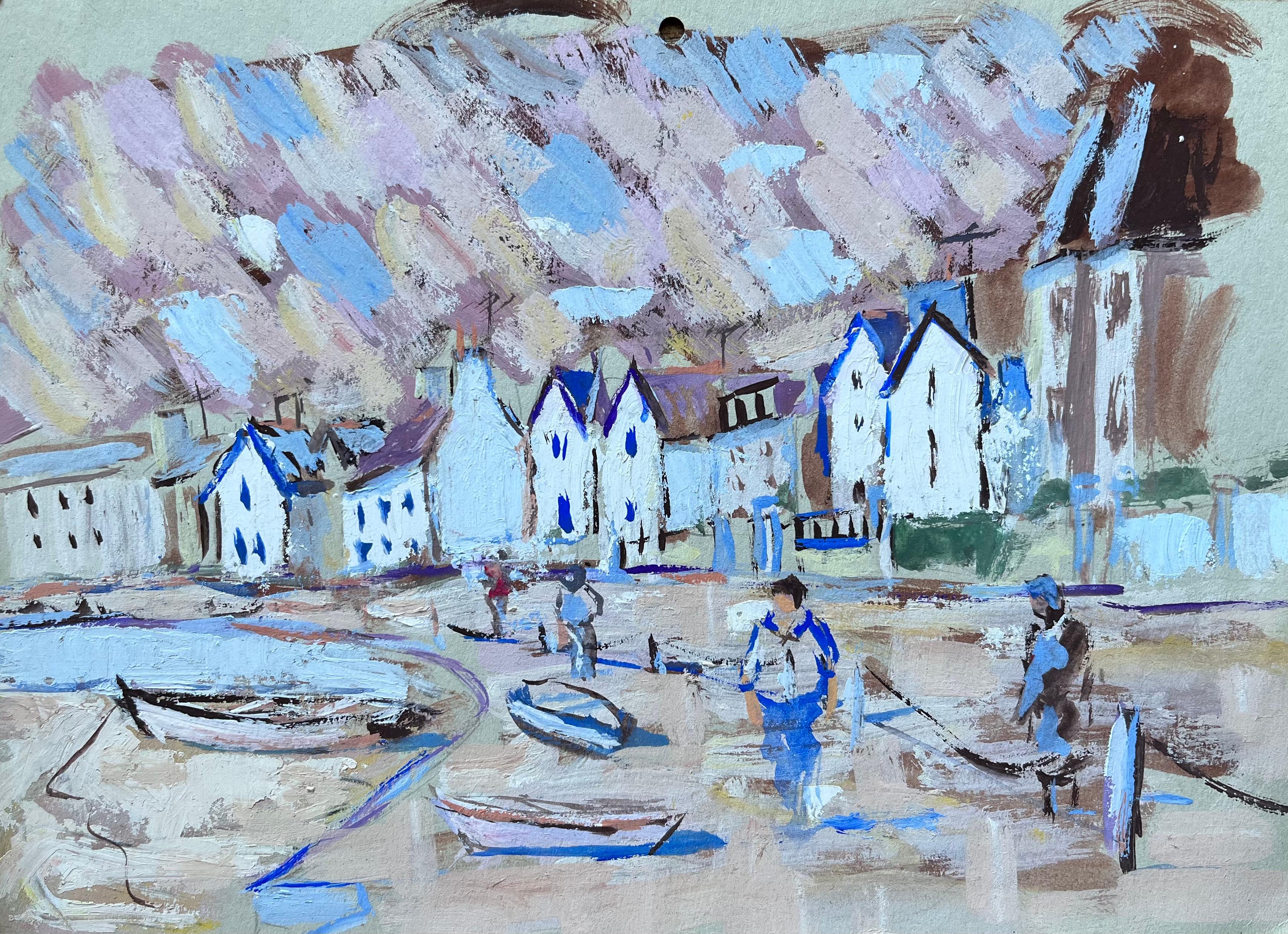 Landscape Painting Fanch Lel - Harnais français coloré avec des personnages et des bateaux de style expressionniste