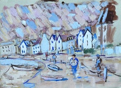 Vintage Colourful French Harbour with Figures and Boats in Expressionist Style