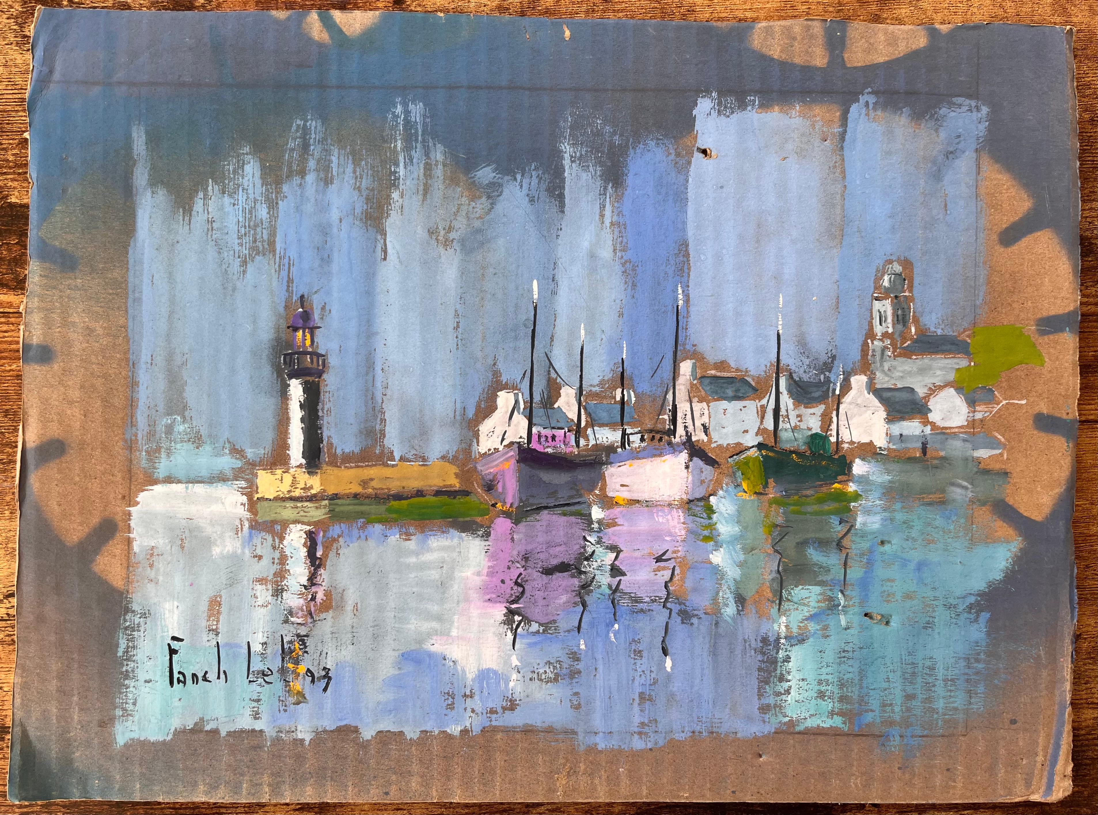 Colourful Impressionist Harbour with Lighthouse Boats and Reflections at Dusk - Painting by Fanch Lel