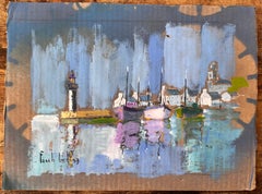 Harbour impressionniste coloré avec bateaux de phare et reflets au crépuscule