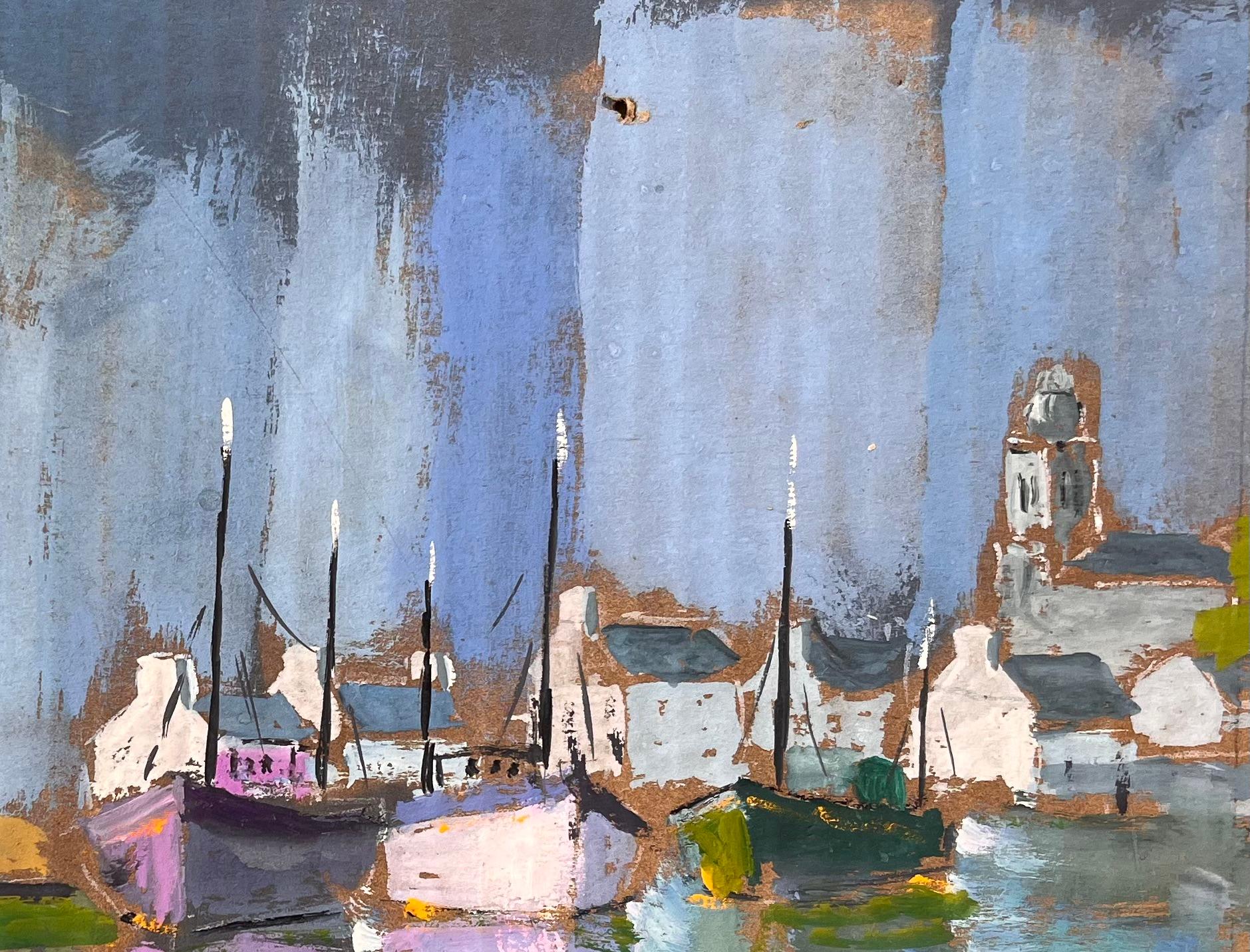 Colourful Impressionist Harbour with Lighthouse Boats and Reflections at Dusk - Gray Abstract Painting by Fanch Lel