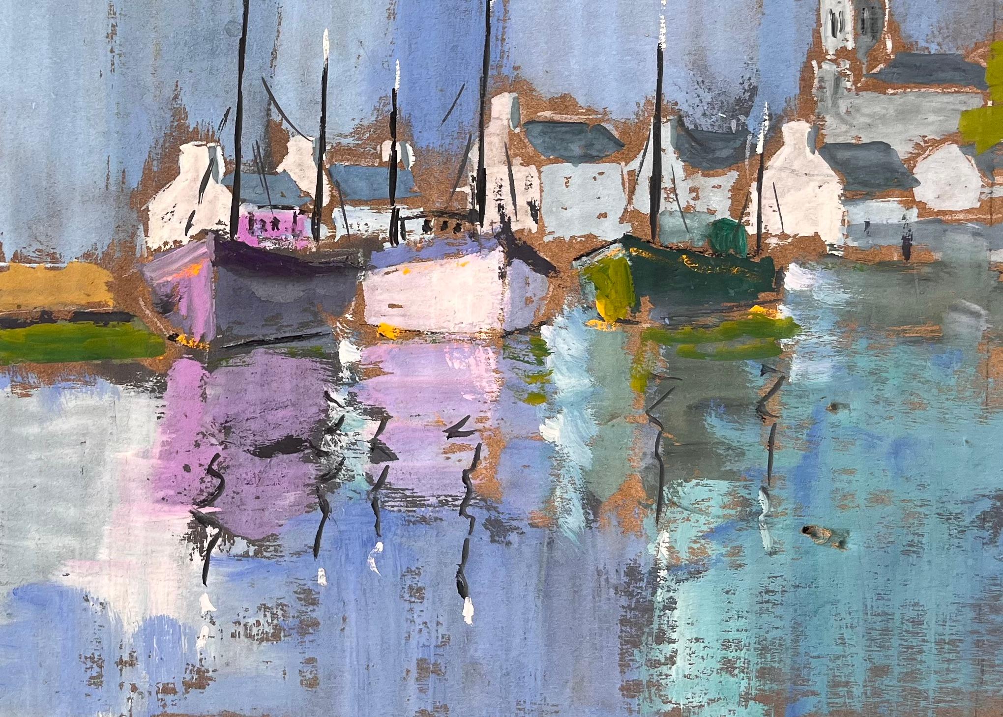 Title: Colourful Impressionist Harbour with Lighthouse Boats and Reflections at Dusk
By Fanch Lel
Signed: Yes
Size: 11.75 x 15.75 inches (height x width)
Oil painting on cardboard, unframed
Condition: The painting is in good condition with