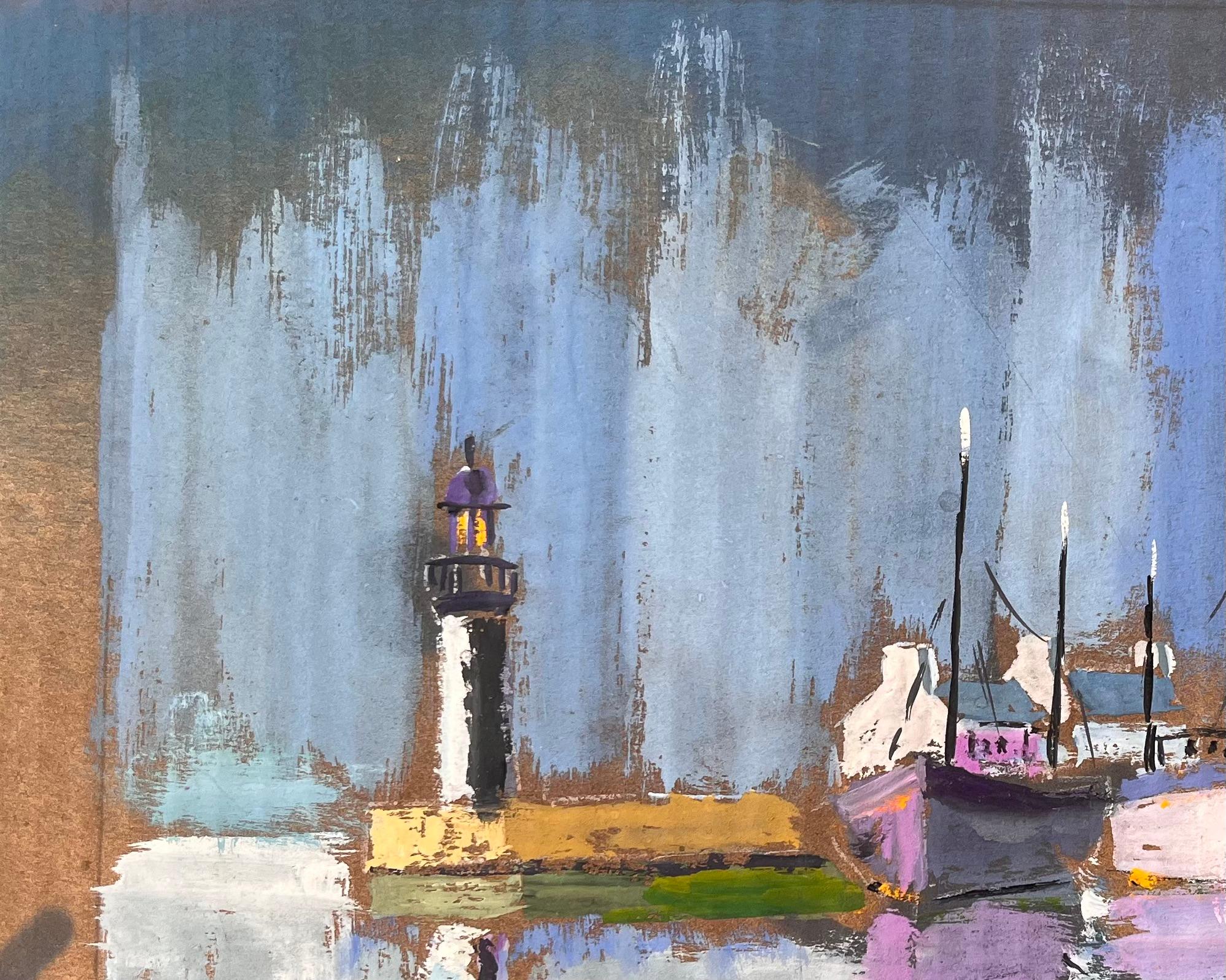 Colourful Impressionist Harbour with Lighthouse Boats and Reflections at Dusk For Sale 1