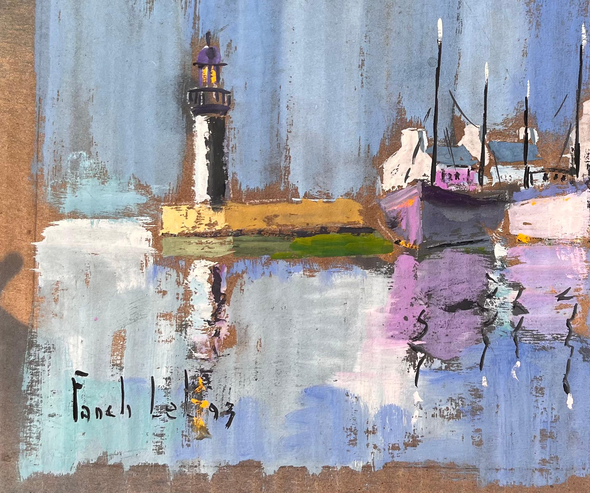 Colourful Impressionist Harbour with Lighthouse Boats and Reflections at Dusk For Sale 2