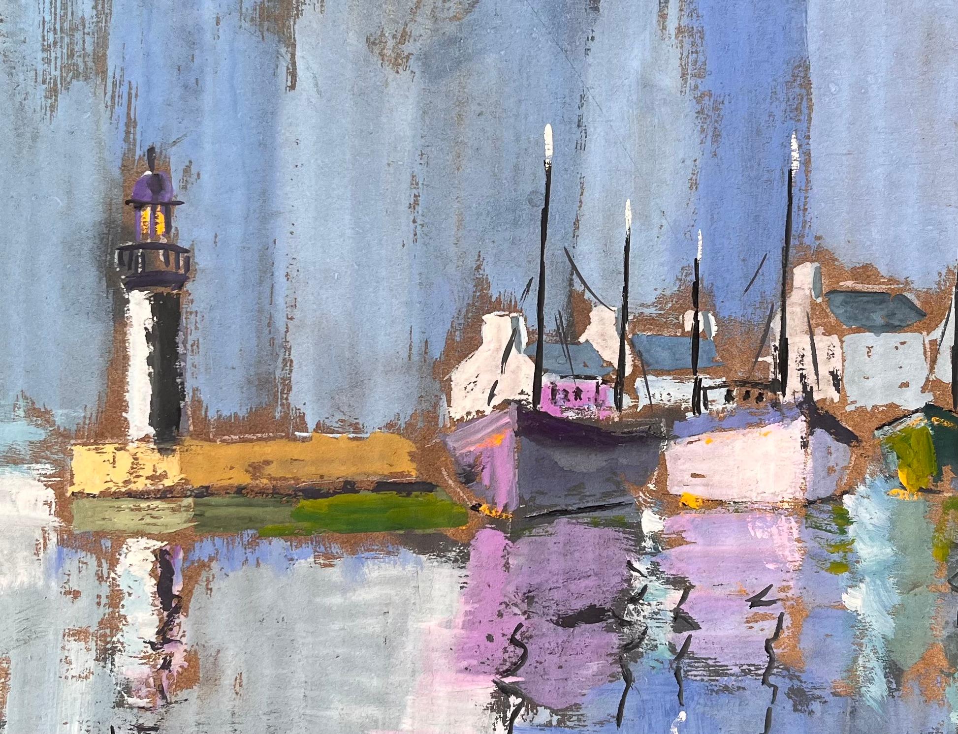 Colourful Impressionist Harbour with Lighthouse Boats and Reflections at Dusk For Sale 3