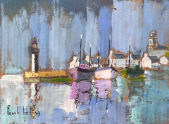 Colourful Impressionist Harbour with Lighthouse Boats and Reflections at Dusk