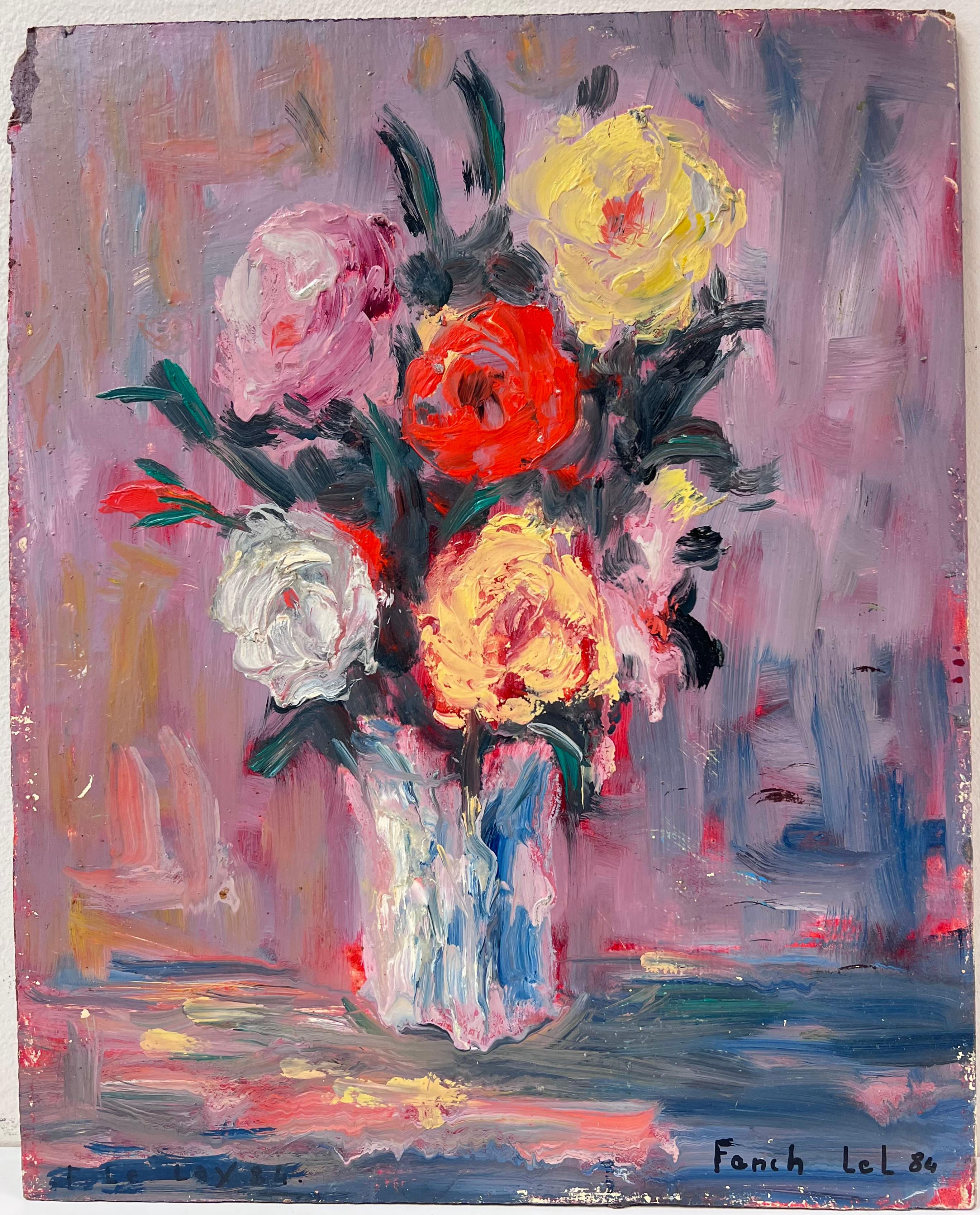 Colourful Rose Bouquet in White Vase Original French Still Life Oil Painting - Brown Interior Painting by Fanch Lel