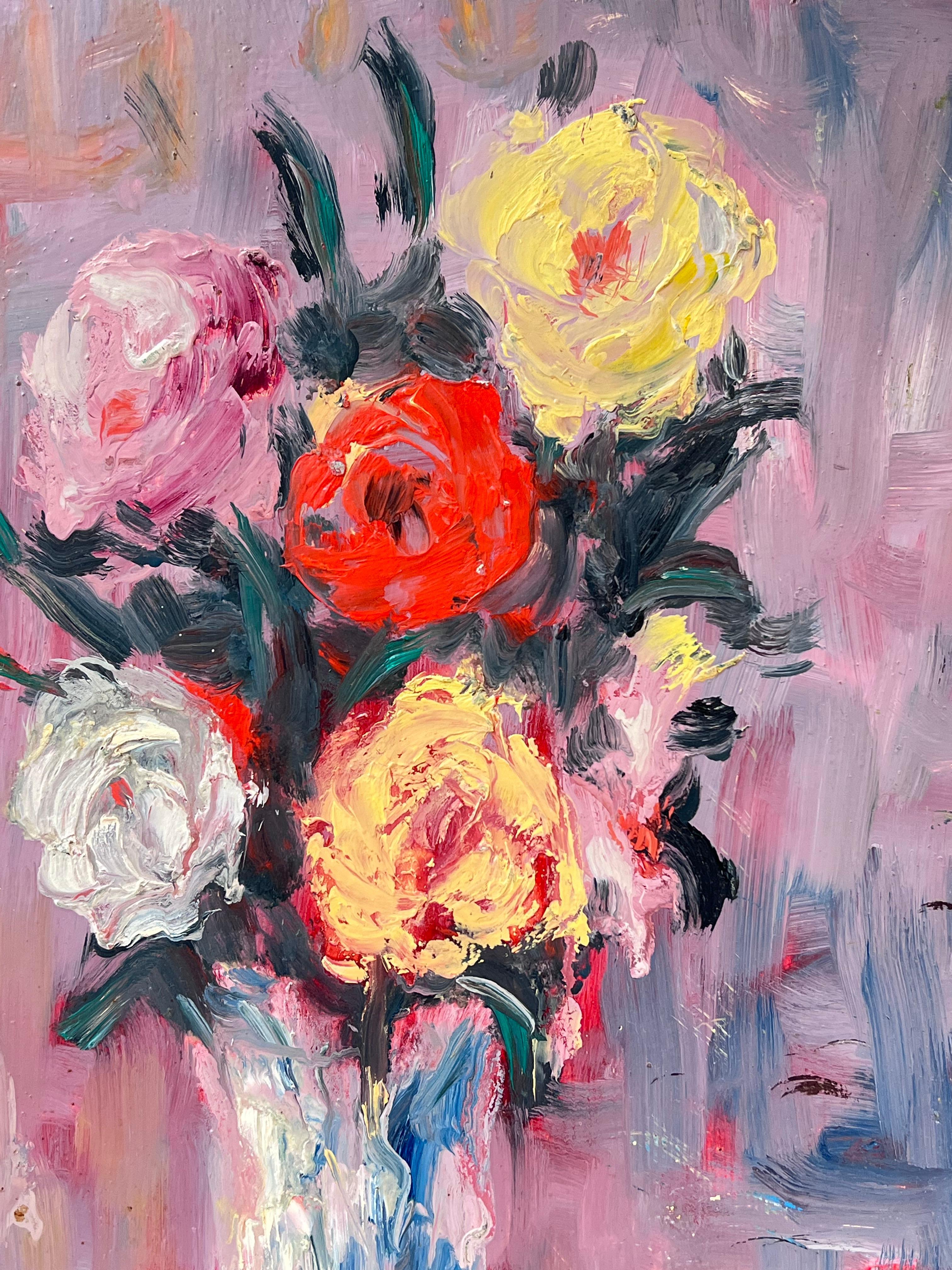 Radiant Blooms
signed by Fanch Lel (French b. 1930)
size: 16 x 13 inches
dated 84'
oil painting on board, unframed
condition: the painting is in very good condition. It has previously been stored in the artists studio. 

Provenance: all the