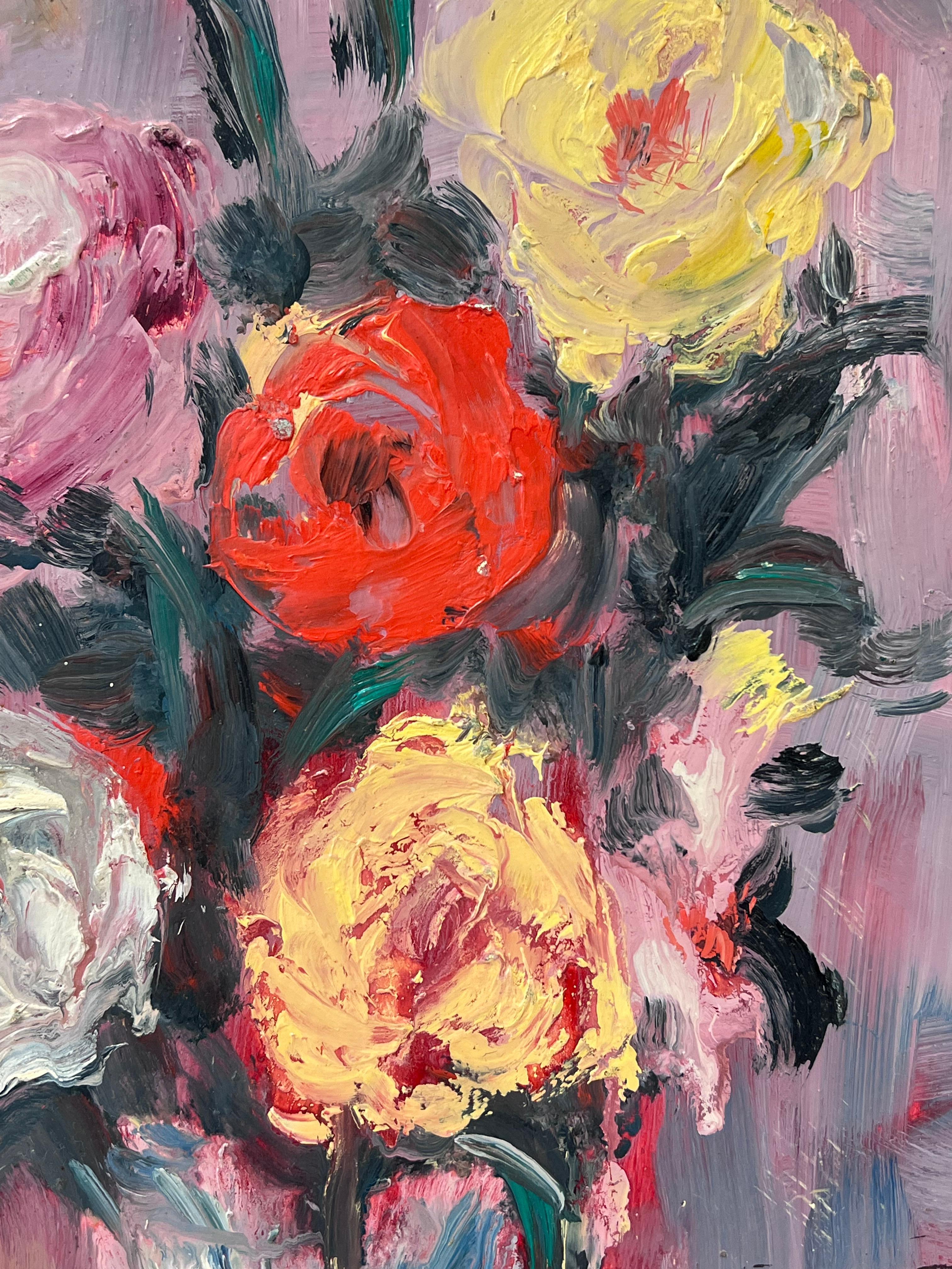 Colourful Rose Bouquet in White Vase Original French Still Life Oil Painting For Sale 2