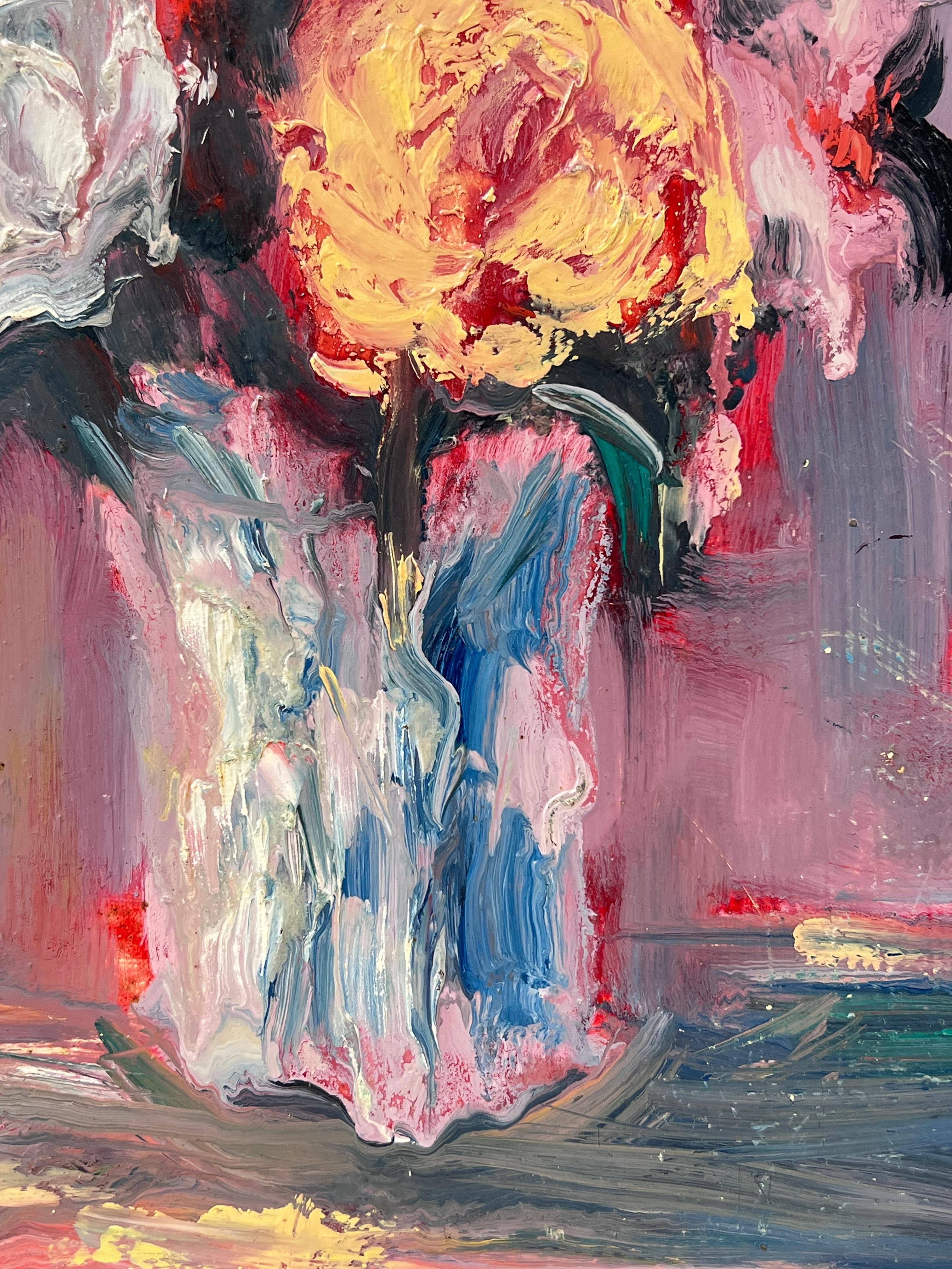 Colourful Rose Bouquet in White Vase Original French Still Life Oil Painting For Sale 3