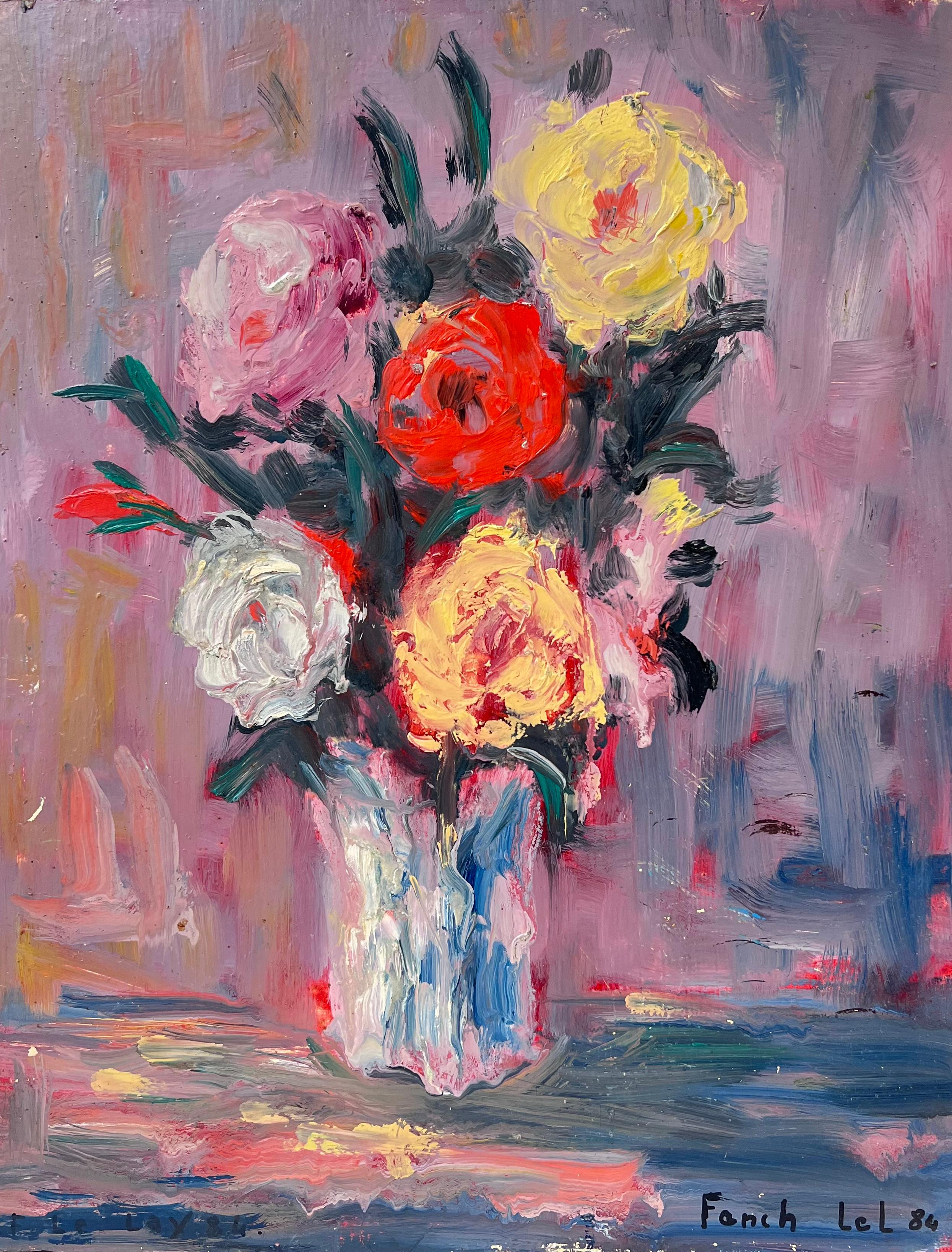 Fanch Lel Interior Painting - Colourful Rose Bouquet in White Vase Original French Still Life Oil Painting