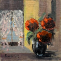 Accogliente natura morta di peonie rosse in vaso nero davanti a una finestra illuminata dal sole Olio francese